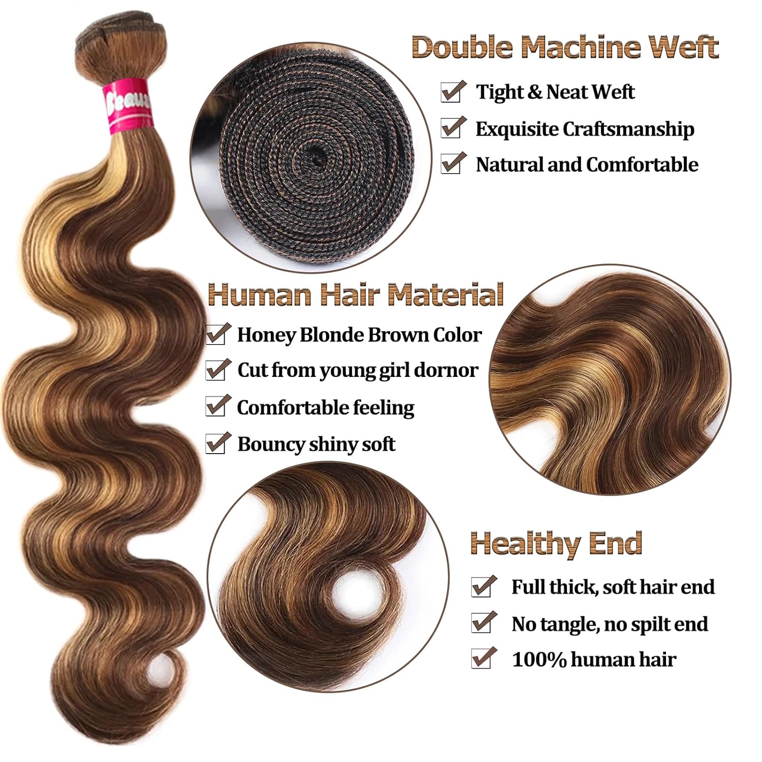 P4/27 Body Wave Bundles Human Hair with Closure-10A Real Raw Brazilian Virgin Hair, Ombre Highlight 3 Bundles+4x4 Lace Closure(18/20/22+18inch), Natural Hairline for Daily & Party Wear