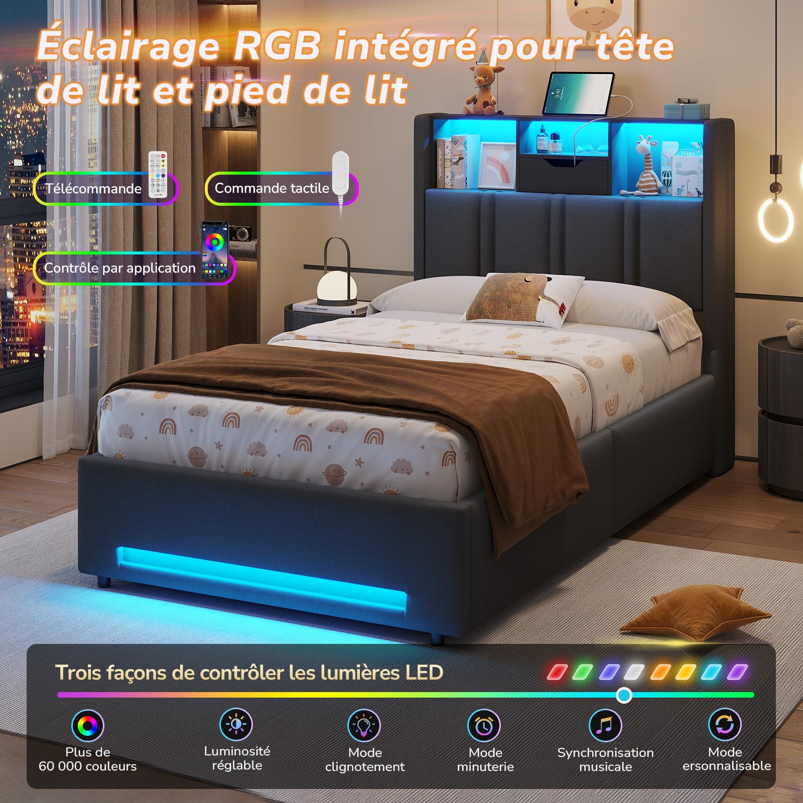 DICTAC Lit Coffre 90x200 Entièrement Rembourré 90x200 Gris avec Rangement – Sommier Relevable à Vérin, Tête de lit LED & Prises USB/Type-C – pour Enfant, Ado, Adulte