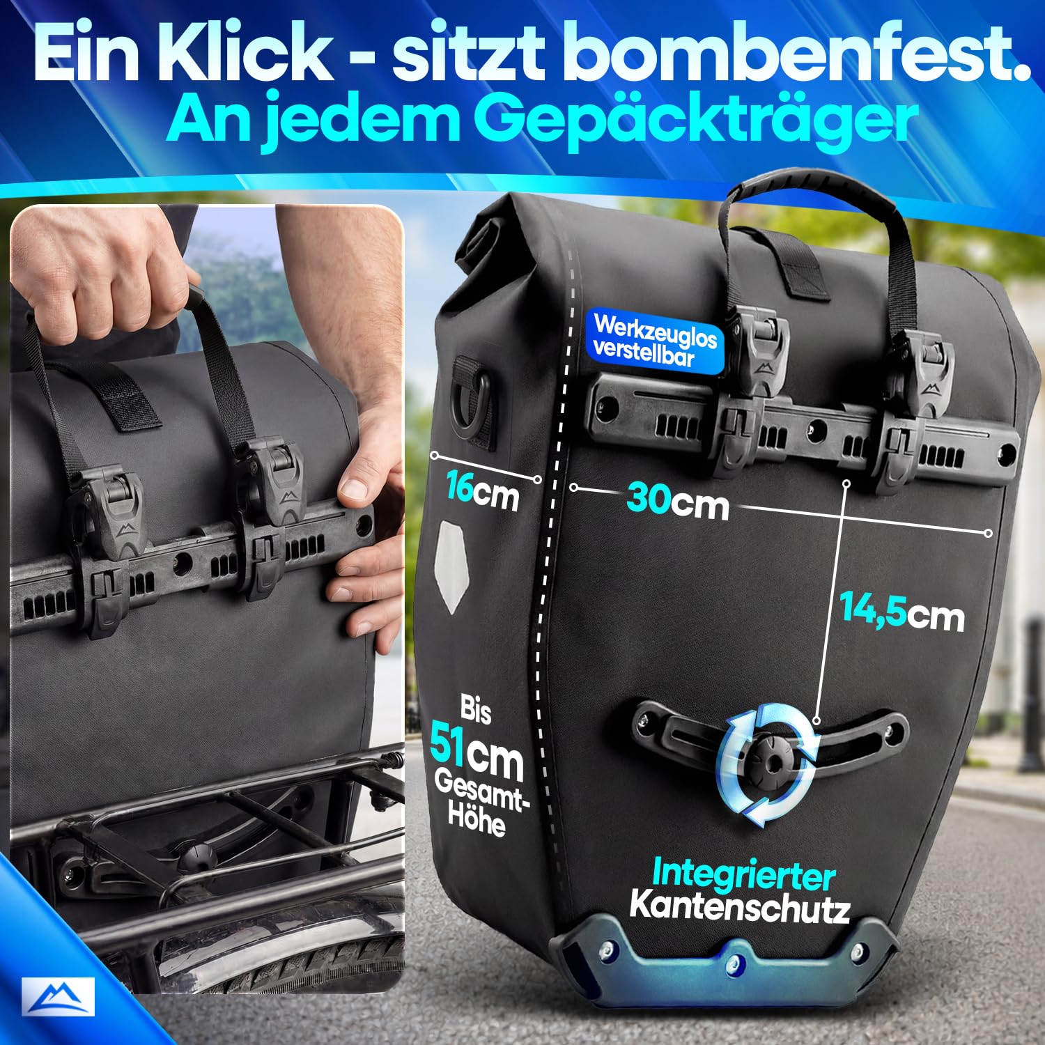 Nextcover® Fahrradtasche für Gepäckträger [AquaShield-TPU] I 100% wasserdichte Gepäckträgertasche mit klick-System & Rollverschluss I Reflektierende Fahrrad Tasche Inkl. Tragegurt, Fahrradtaschen