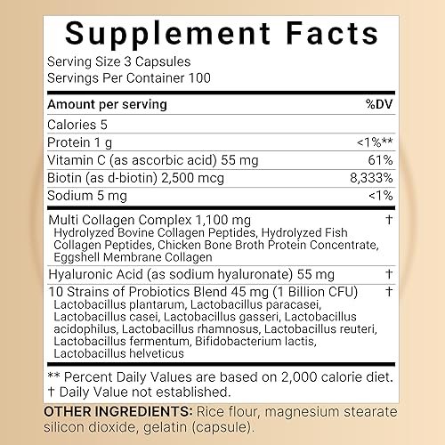 Miniatura 2 de NatureBell Complejo de colágeno múltiple - 300 cápsulas - 5 péptidos de colágeno (tipo I, II, III, V, X), ácido hialurónico, biotina y probióticos -