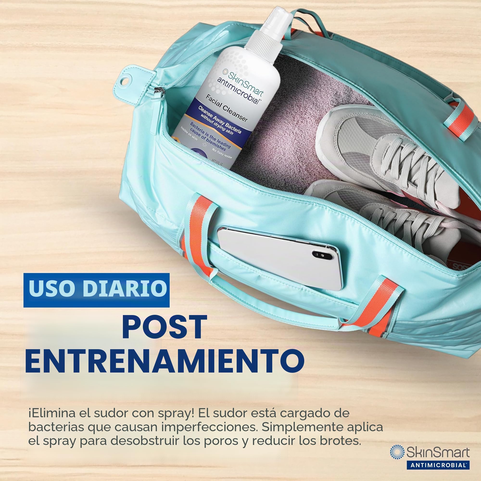 SkinSmart Limpiador facial para acné, objetivos de bacterias para atletas adolescentes activos después del entrenamiento, botella de spray de 8 oz, seguro para múltiples usos diarios