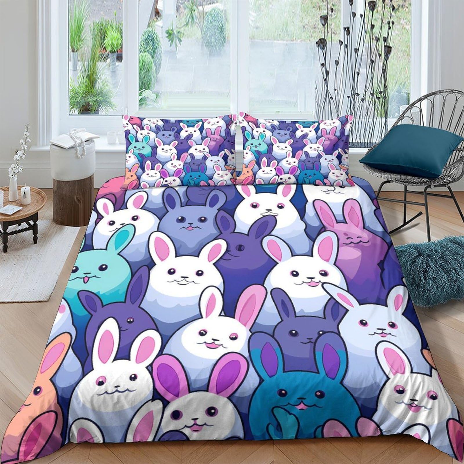 Ctjqhvkz Style-1 3D Printed Colorful Cartoon Bunny Fitted Sheet Microfiber Soft Breathable Rabbit Pattern Bed Cover For Bedroom Dorm Mattress Decor Single（135X200cm）