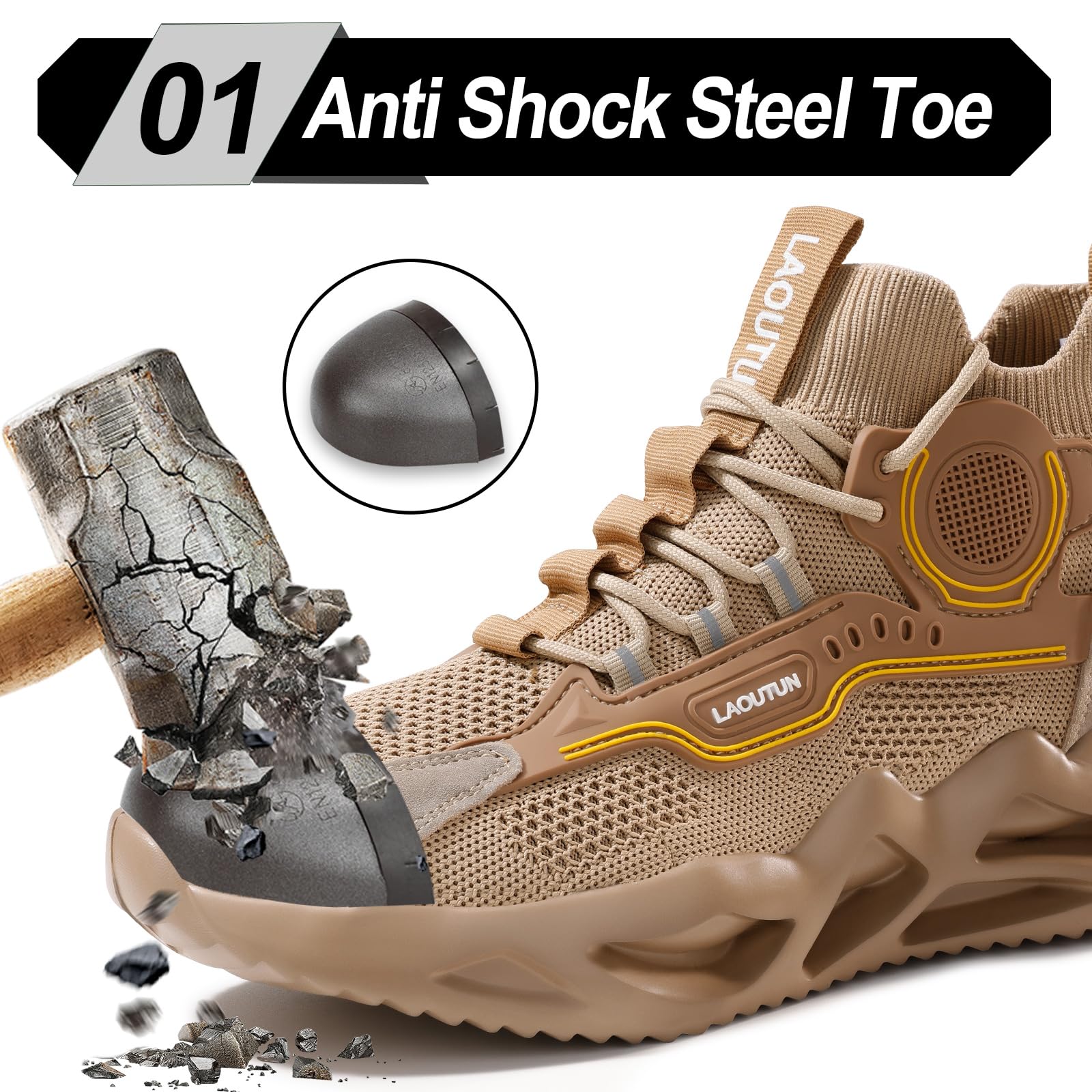LAoutun Zapatillas de seguridad cómodas con puntera de acero, zapatos de seguridad para hombre, botas de trabajo ligeras para hombre, zapatos de trabajo de protección industrial, color negro oscuro