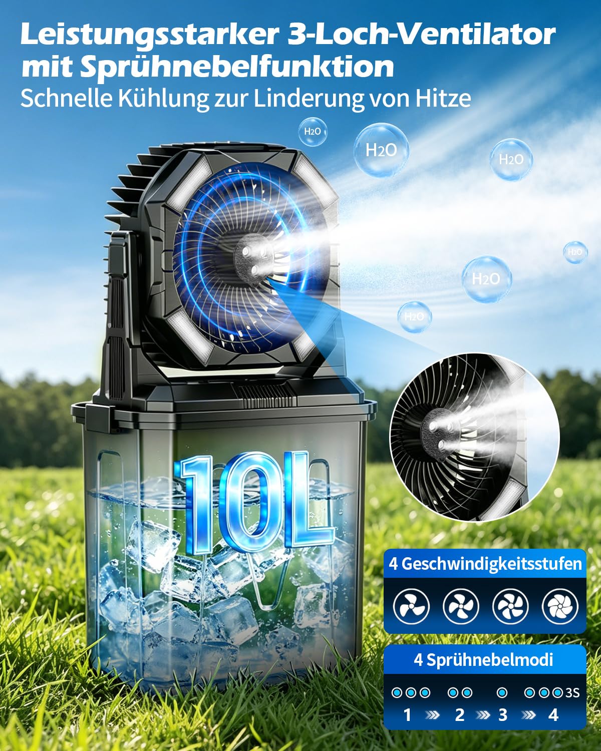 yAyusi 10L Großer Tragbarer Nebelventilator für Den Außenbereich mit RGB-Beleuchtung, 3-in-1 20000mAh Akku-Wasservernebler mit Fernbedienung＆Timer, 4 Geschwindigkeiten 4 Sprühmodi für Terrasse/Camping