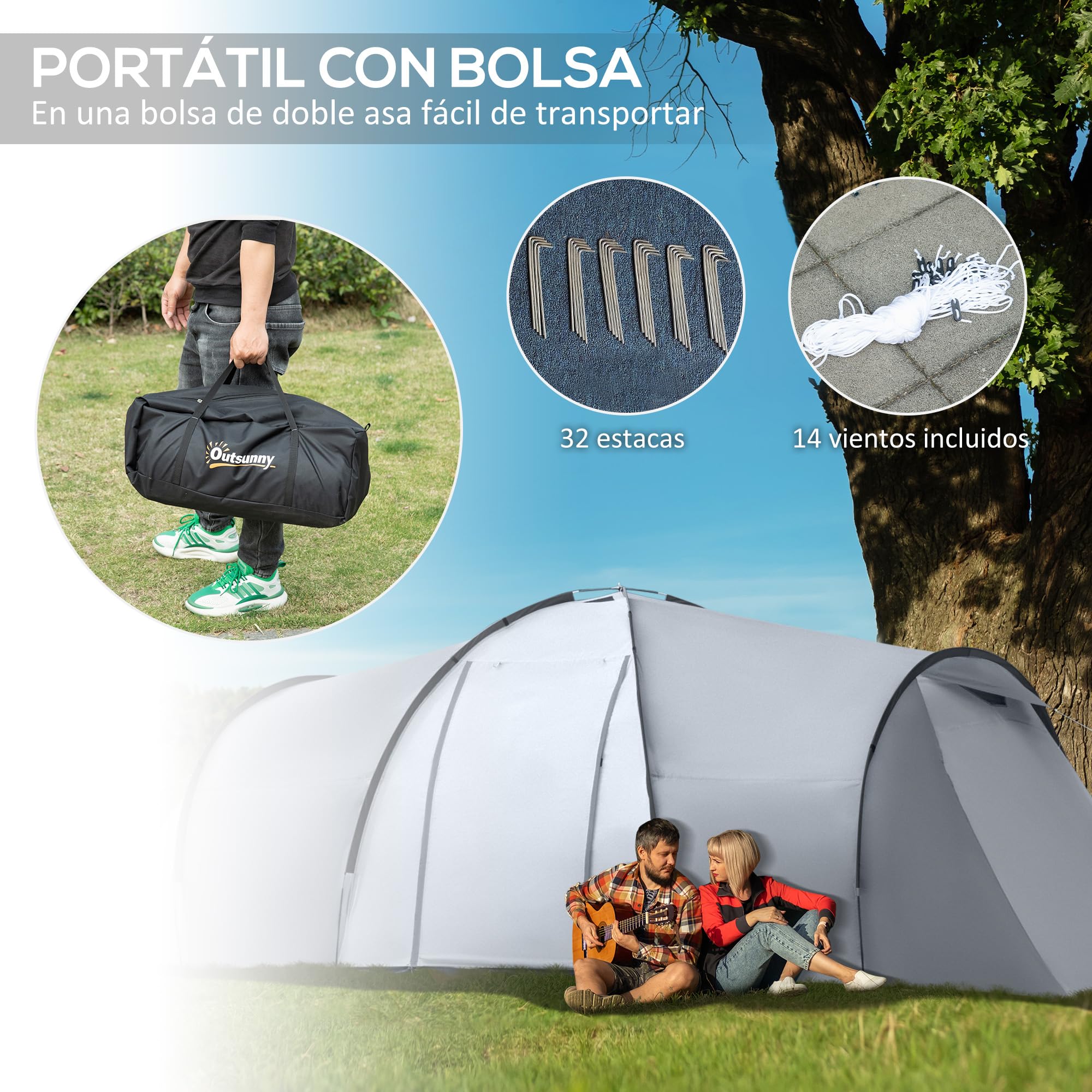 Outsunny Tienda de Campaña Familiar para 4-6 Personas Tienda de Camping Plegable Ligero con 2 Ventanas y Bolsa de Transporte Impermeable Anti-UV para Senderismo 590x245x193 cm Gris