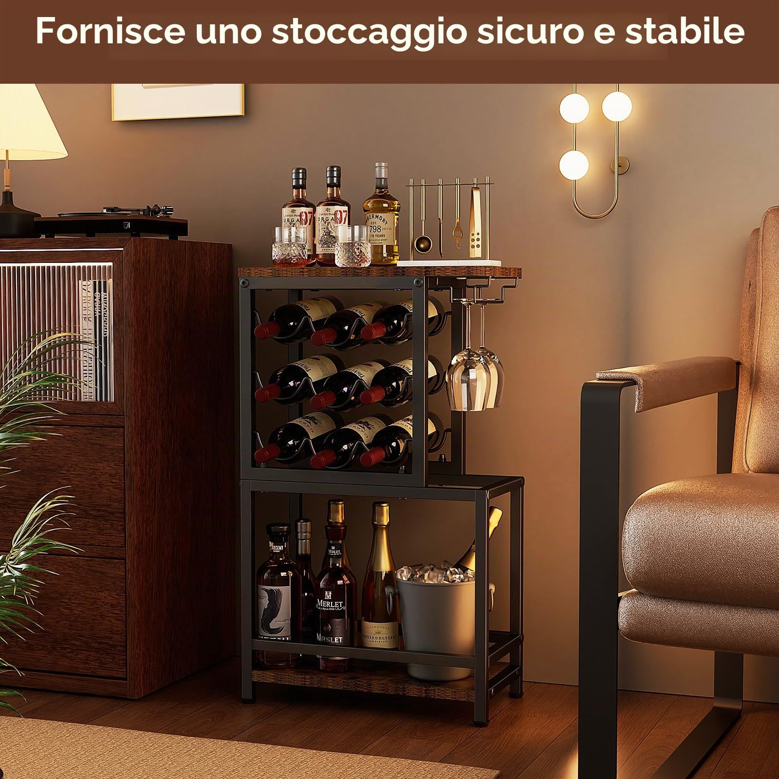 Nuovoware Portabottiglie a 3 ripiani, da appoggio, marrone e nero | con portaocchiali, espositore versatile per liquori, per casa, minibar, espositore da tavolo angolare per liquori e whisky