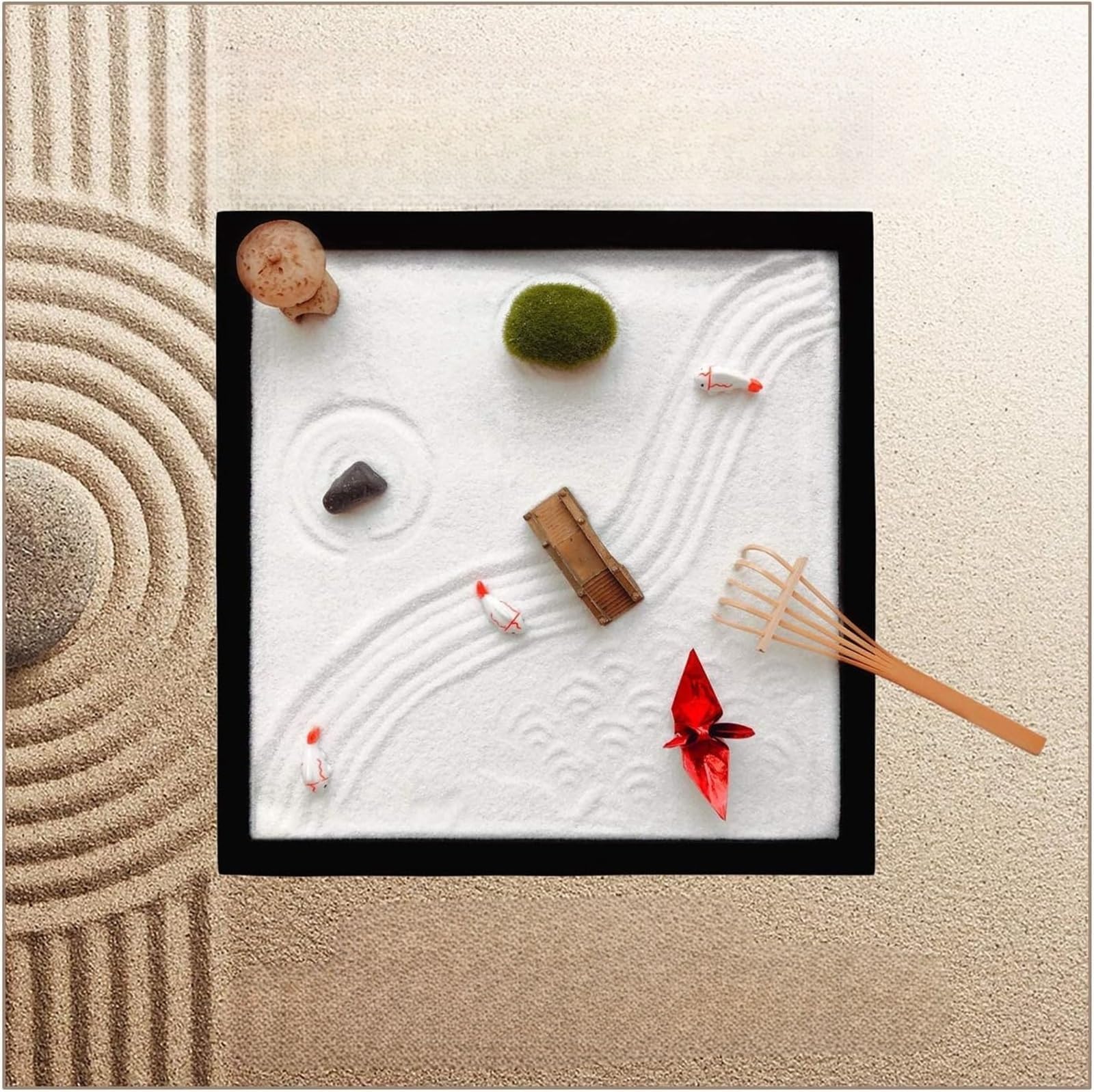 – THE WHITE SHOP Japanese Zen Garden for Desk and Office Accessories Includes Zen Garden Sand, Rocks, Rake, Moss Stones, Fishes, Lantern, Bridge, and Origami