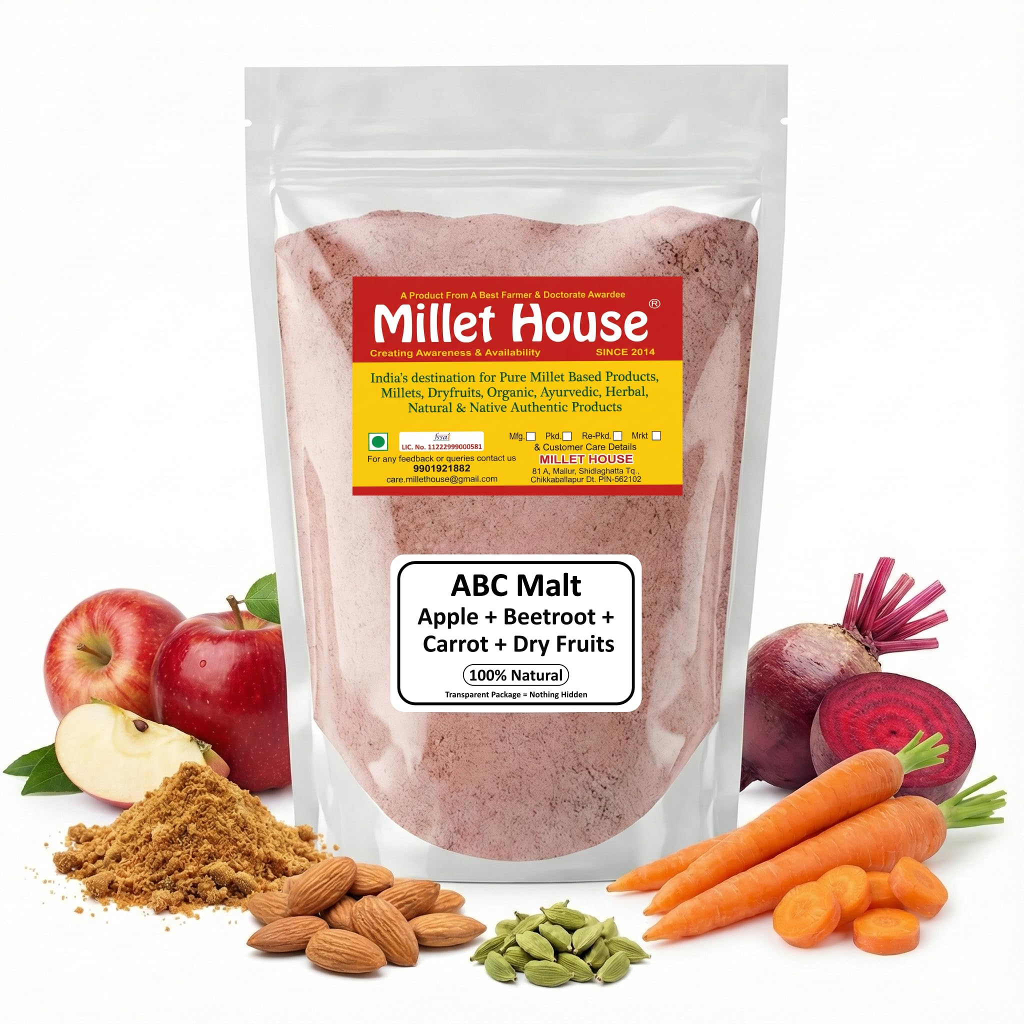 Millet House ABC Mix Malt Powder | Apple, Beetroot, Carrot + Dry Fruits | No Preservatives | No Refined Sugar | Natural Health Drink for Kids & Adults | Ready-to-Mix | 200g Pack