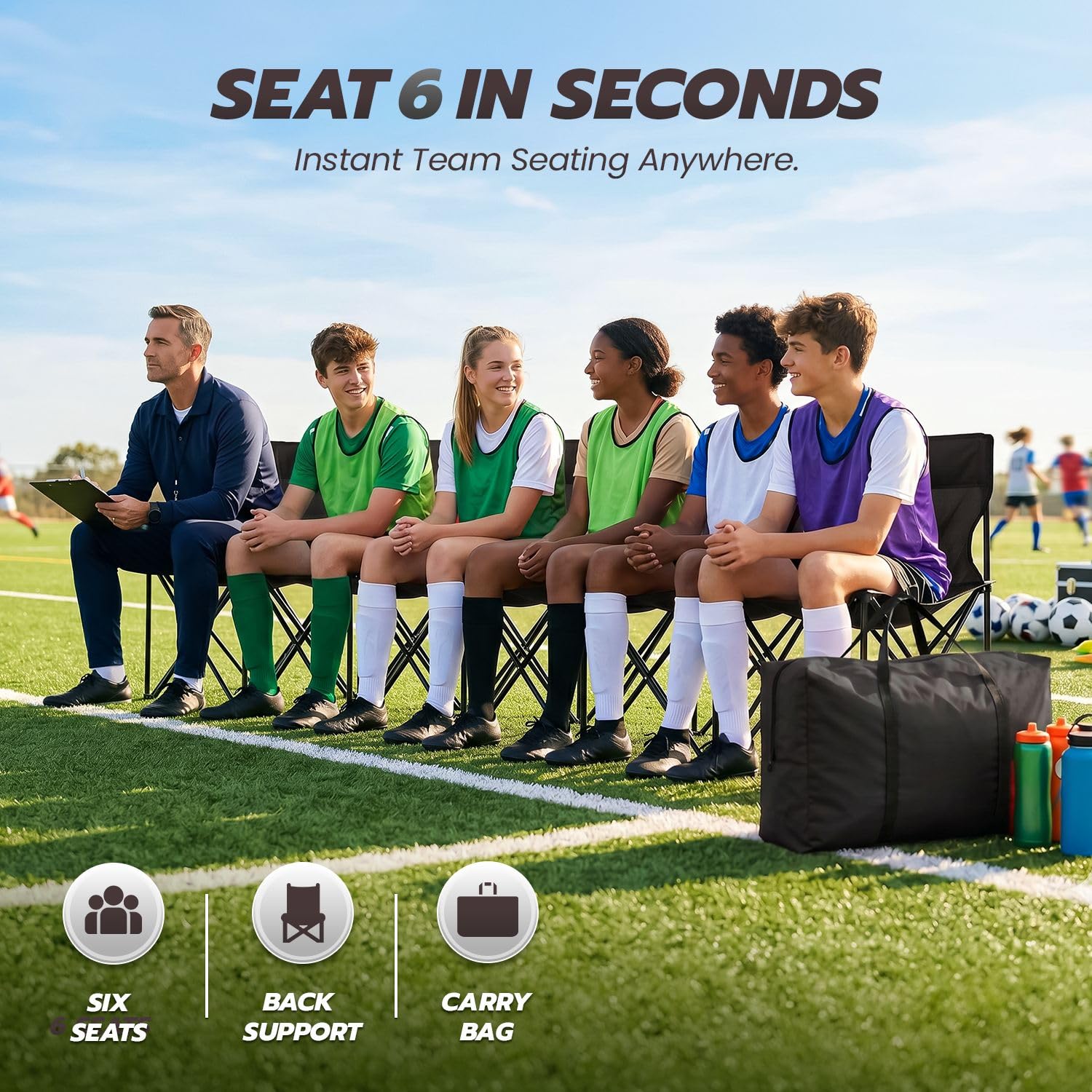 Flexzion Sports Sideline Team ławka z oparciem dla 6 osób, składane siedzisko piłkarskie, przenośne składane krzesło w zestawie torba do przenoszenia - łatwa do złożenia do wybielacza kempingowego, piłki nożnej, pikniku na świeżym powietrzu, czarna