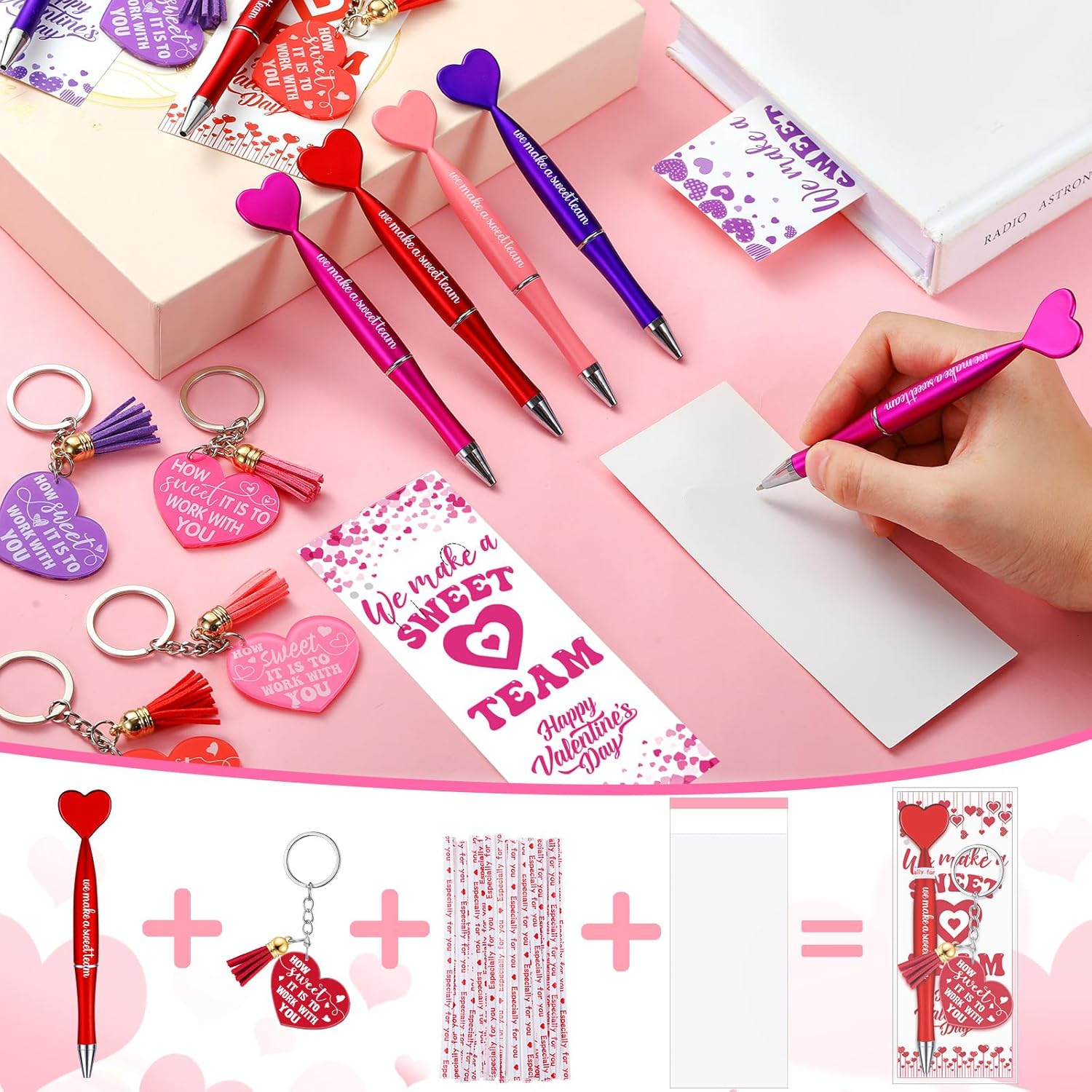 Gilprop 24 Sets Valentine Gifts for Coworkers Employees Appreciation Galentine's Day Gifts Bulk for Team Staff Include Ballpoint Pens Heart Keychain and Thank You Inspirational Greeting Card with Tie