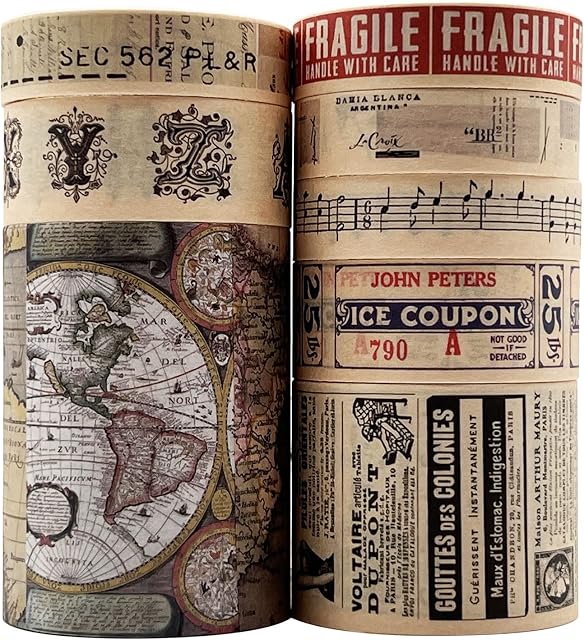 8 Rolls Vintage Washi Tape Set, 53/30/15/10/mm Wide Map Travel Letter Antique Retro Japanese Decorative Masking Tape for Arts DIY Crafts Scrapbooking Album Bullet Junk Journal Planners Calendars