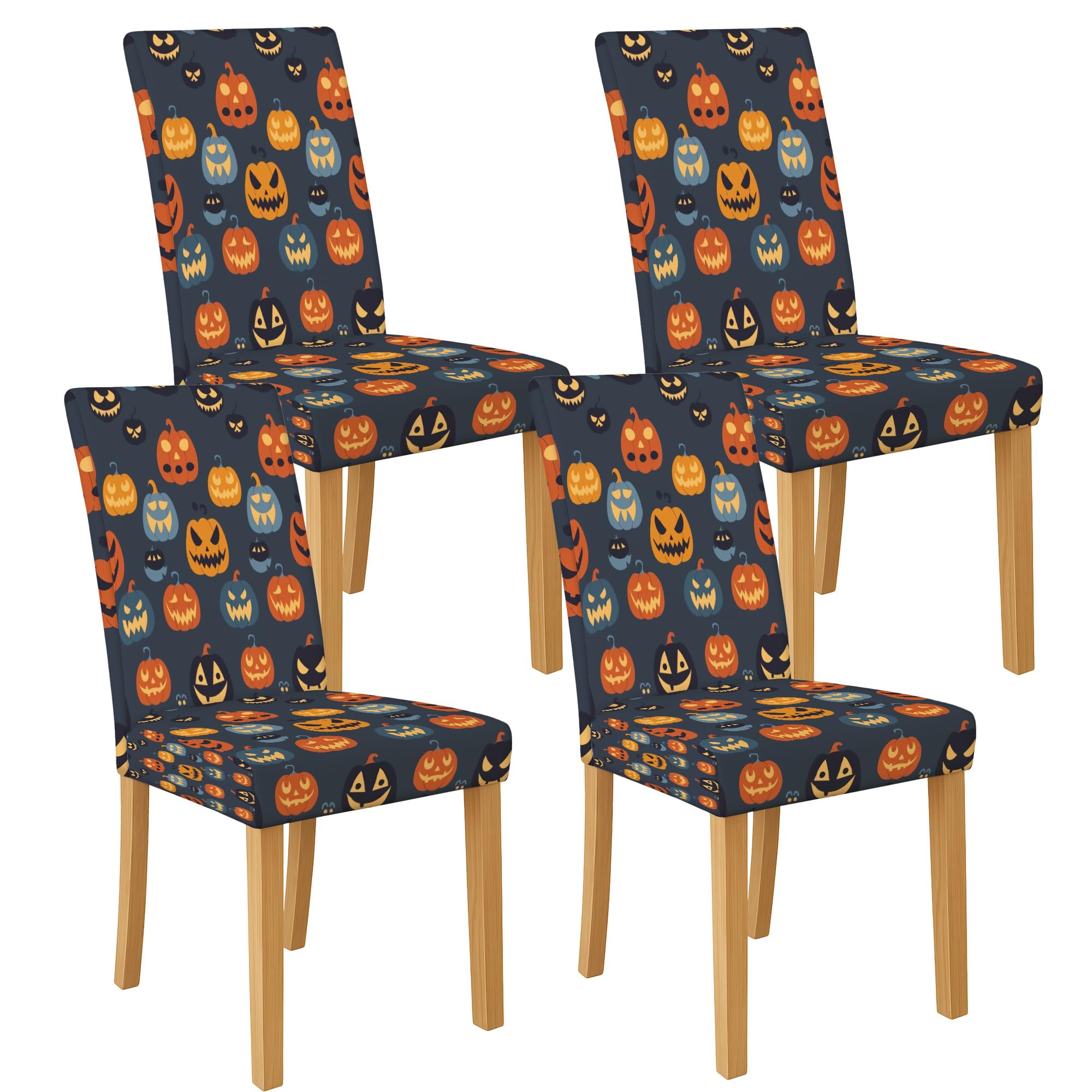 Halloween Pumpkin Chair Covers for Dining Chairs, Stretch & Washable Spandex Seat Protectors, Fun Decorative Slipcovers Holiday Kitchen 4PCS