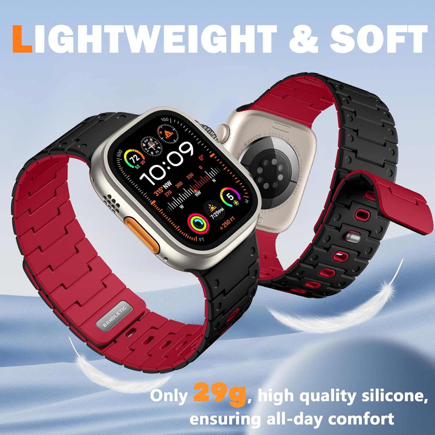 Bandletic Magnetic Silicone Watch Band Compatible with Apple Watch Series 11 Band 46mm for Men 49mm/45mm/44mm/42mm(3/2/1), Rugged Soft Silicone Sport Watchband for iWatch SE3/SE2/SE/10/9/8/7/6/5/4