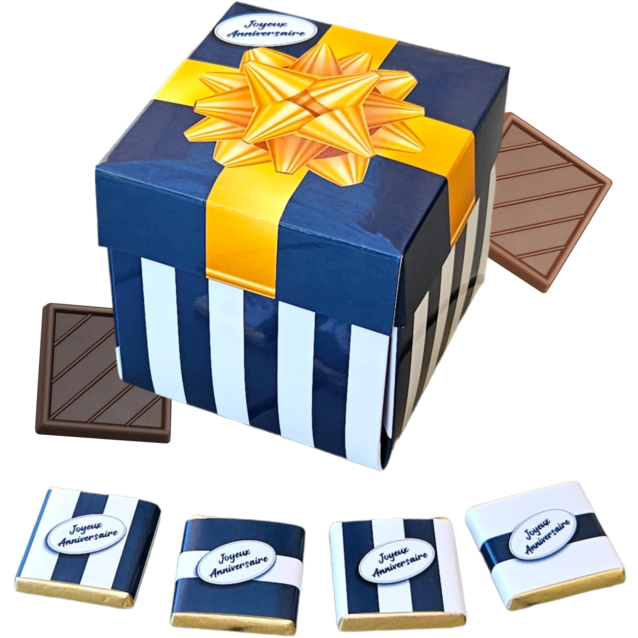 Boîte de Chocolat a Offrir pour Anniversaire - Coffret de 40 Carrés de Chocolat Individuelss au Lait et Noir - 100% Pur Beurre de Cacao - Fabriqué en France - Couleur Bleu - 200 Gr