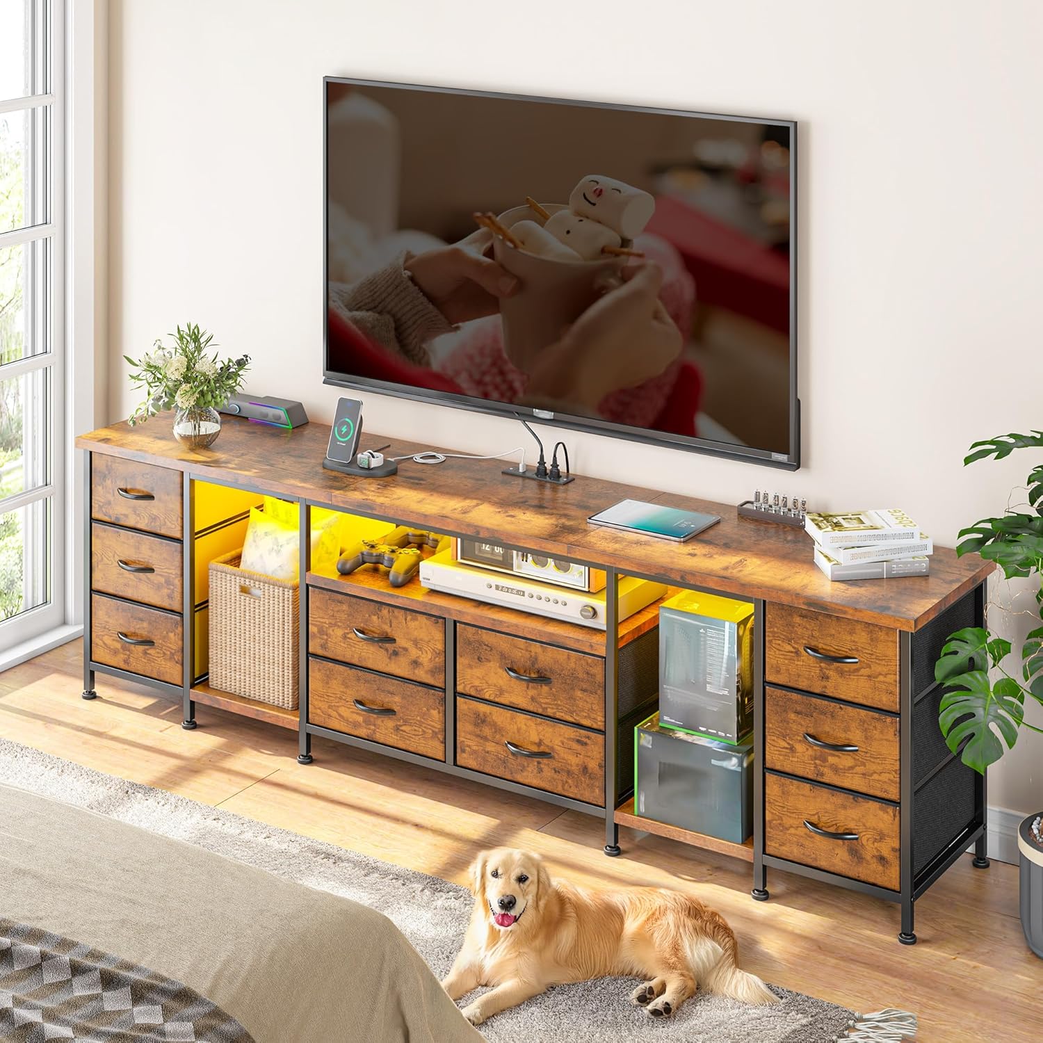 EnHomee 75, 80, 85 Inch TV Stands for Living Room, 75.5" W Entertainment Center with LED Lights & Power Outlets, TV Stand with 10 Fabric Drawers, Rustic Brown