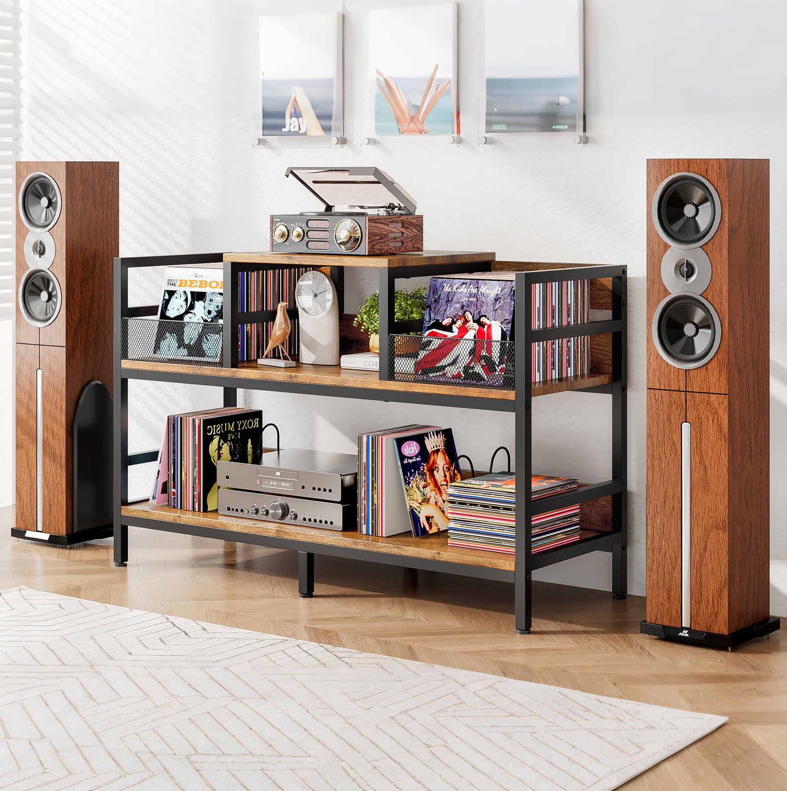 Mobile per giradischi con archiviazione in vinile, scaffale retrò a 3 livelli per CD e DVD, supporto per lettore di dischi e altoparlanti, capacità 350 LPs, 116,5 × 37 × 77,5 cm