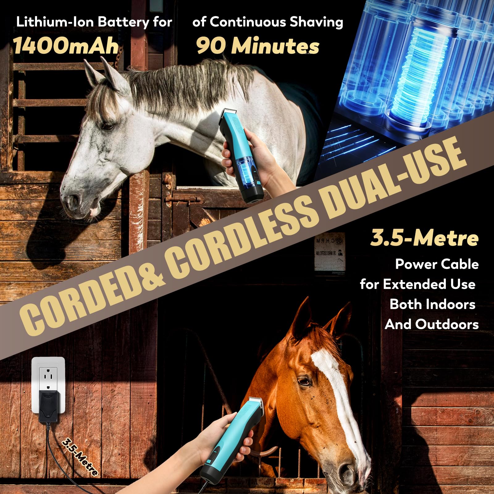 Tondeuse pour Chevaux CGOLDENWALL, Batterie Li-Ion 1400mAh & 3.5m Câble, 3200-4000rpm, Vitesse 2, pour Chien, Cheval, Chèvre