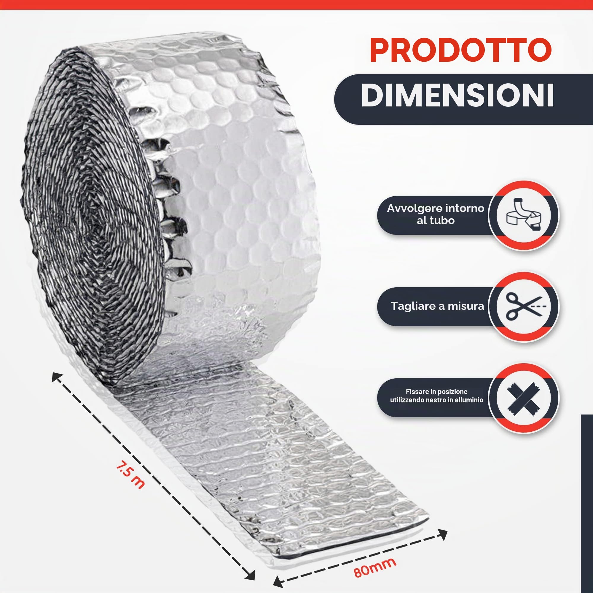 Pellicola isolante per tubi, 7,5 m x 80 mm, a risparmio energetico termico per isolamento di tubi e condotti interni o esterni