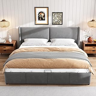 Gecheer Hydraulisches Funktionsbett 160x200 Stauraum, elektrisch Verstellbarer Lattenrost, Samtbezug Grau, Schlafzimmer, Gästezimmer, Hotel, Homeoffice, 300 kg