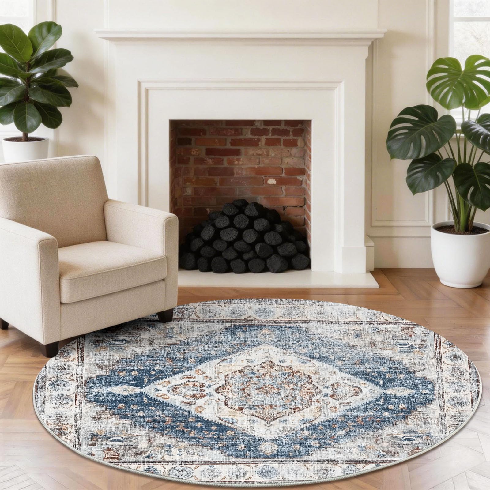 Lavable Tapis 100 cm Rond Intérieur Usé Abstrait Fleurs pour Salon, Chambre ou Couloir - Doux et Antidérapant - Traditionnel Boho Facile à Nettoyer Poil Ras Tapis pour Salle de séjour, Multicolore