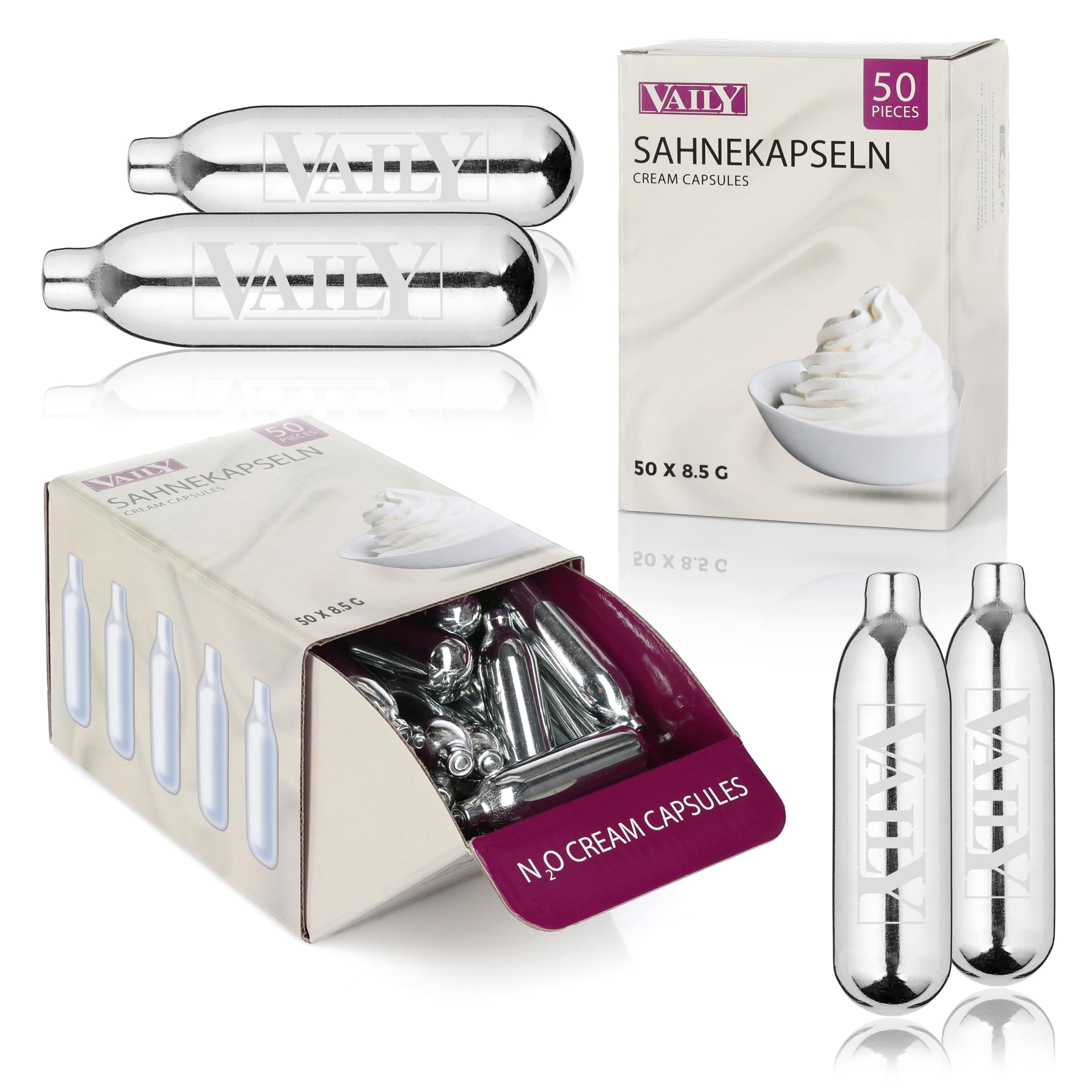 Vaily Sahnekapseln 50er Pack - N2O Kapseln für Sahnespender und Sahnesyphons - Zum einfachen Zubereiten von Sahne, Espumas, Suppen und mehr