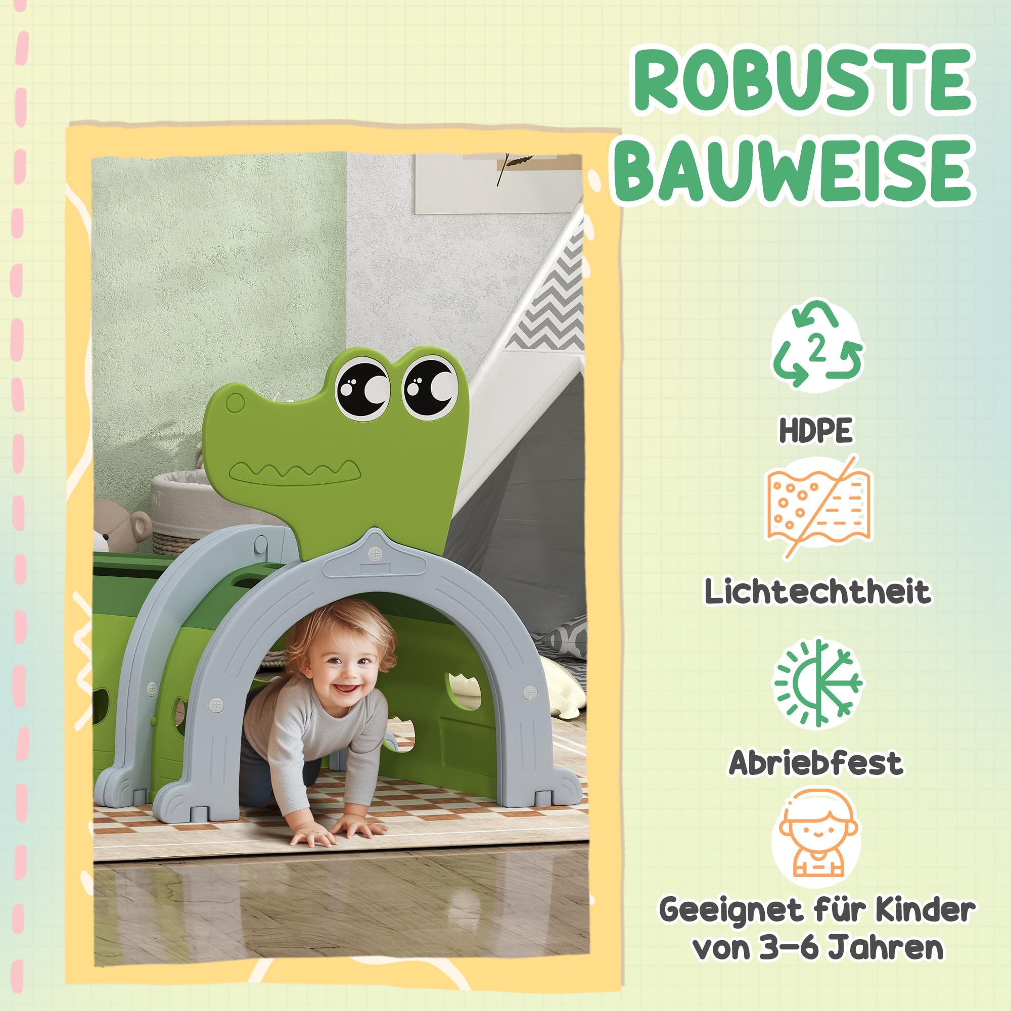 AIYAPLAY Spieltunnel 194 cm Kinder Tunnel aus HDPE Krabbeltunnel in Cartoon-Krokodil Kriechtunnel für Kinder 3-6 Jahre, Grün