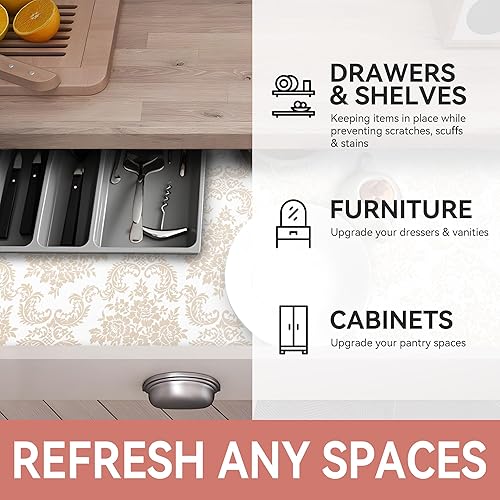 Miniatura 6 de RAY STAR Revestimiento para estantes, revestimiento floral de damasco dorado no adhesivo para cajón de despensa, agarre fuerte, antideslizante,
