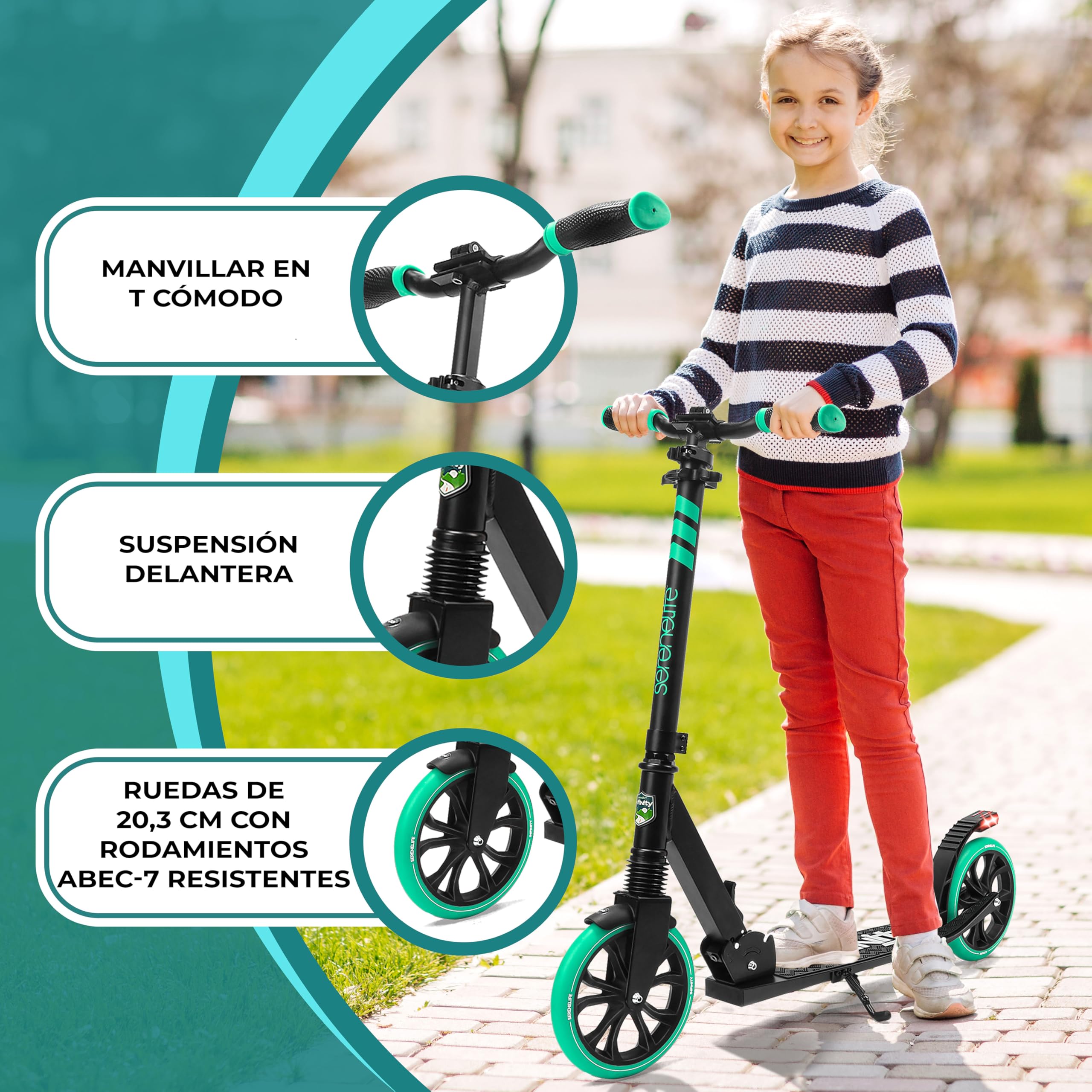 SereneLife Patinete Adolescentes, con Luces, Plegable, Ajustable, Adultos, Freno Manillar, Dos Ruedas, Barra en T, Facil maniobra
