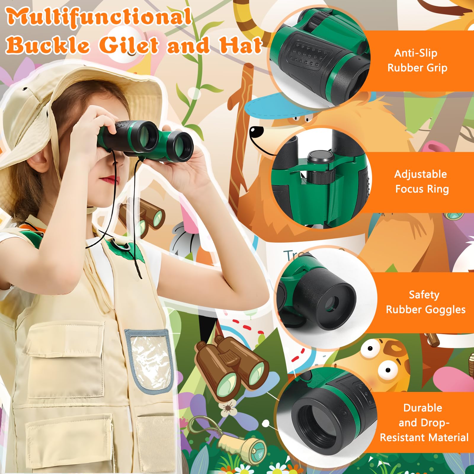 Frasheng Set di giocattoli da esploratore esterno, binocolo per bambini 28 pezzi Set da esploratore per bambini avventuriero,Giocattoli da regalo incl pinzette, Bussola, Fischio, Lente d'ingrandimento