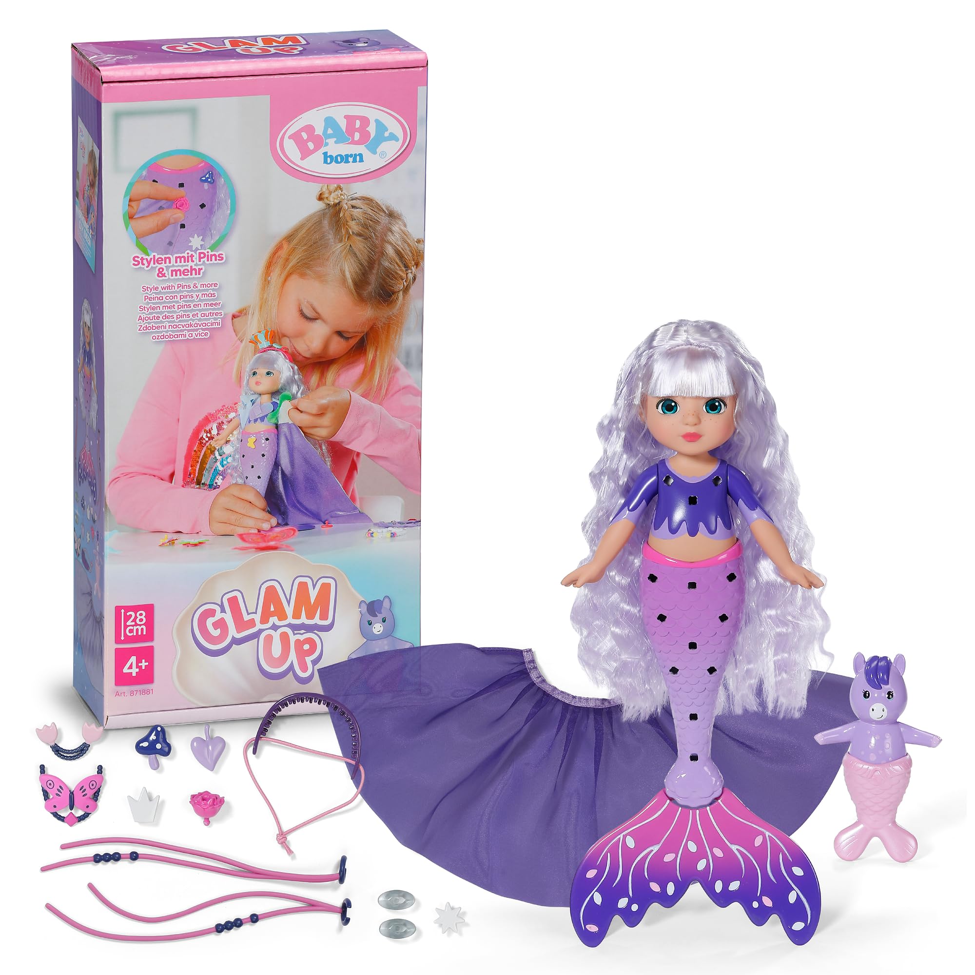 Baby Born Glam Up Aura, Meerjungfrau mit Langen blauen Haaren mit UV-Farbeffekt, zum Stylen mit Stoff-Accessoires und Pins inkl. Tier-Freund