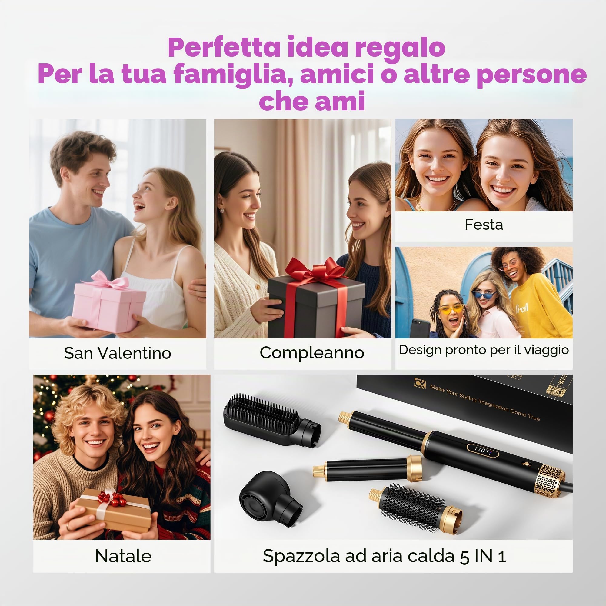 5 IN 1 Hairstyler 1000W Hairstyler, asciugacapelli con spazzola rotonda LCD Air Brush, ferro arricciacapelli e piastra per capelli, 3 livelli di temperatura per volume, lisciatura, riccioli e styling