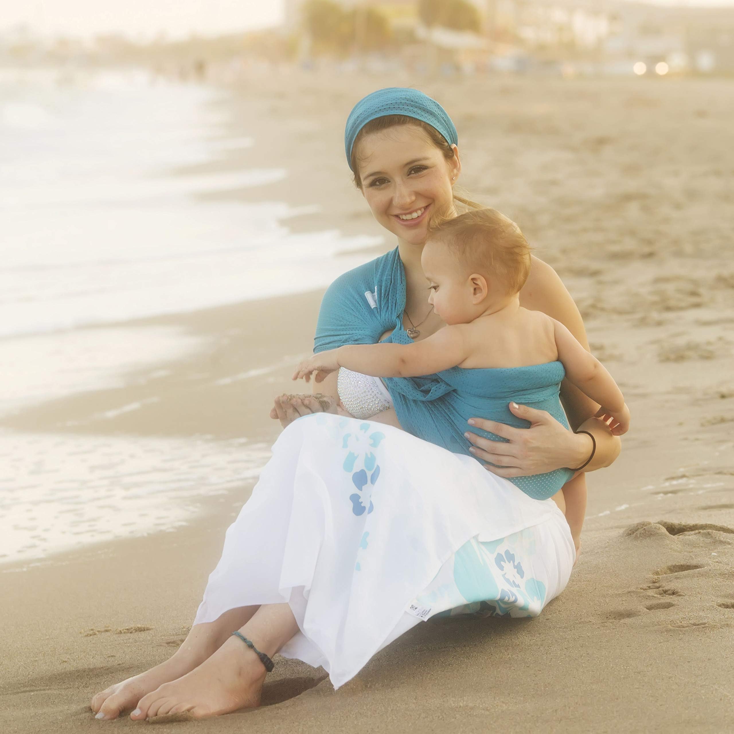 Versatile Water & Warm Weather Ring Sling Baby Carrier | Made in USA with Safety Tested Fabric & Aluminum Rings | Lightweight, Quick Dry & Breathable (Caribbean Blue, X-Long)