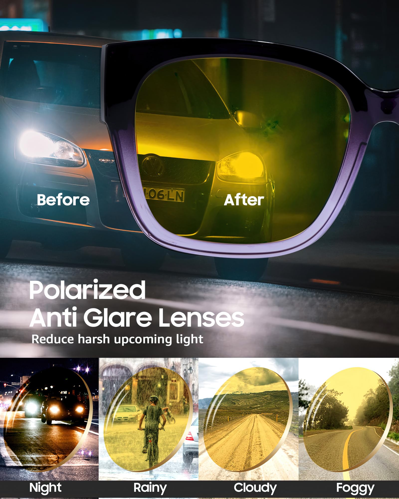 SIPHEW Polarisiert nachtfahrbrille für Brillenträger - Große Überbrille mit gelben Gläsern für Autofahrer: Überzieh-Nachtsichtbrille für Fahren bei Nacht und Tag UV400 Schutz