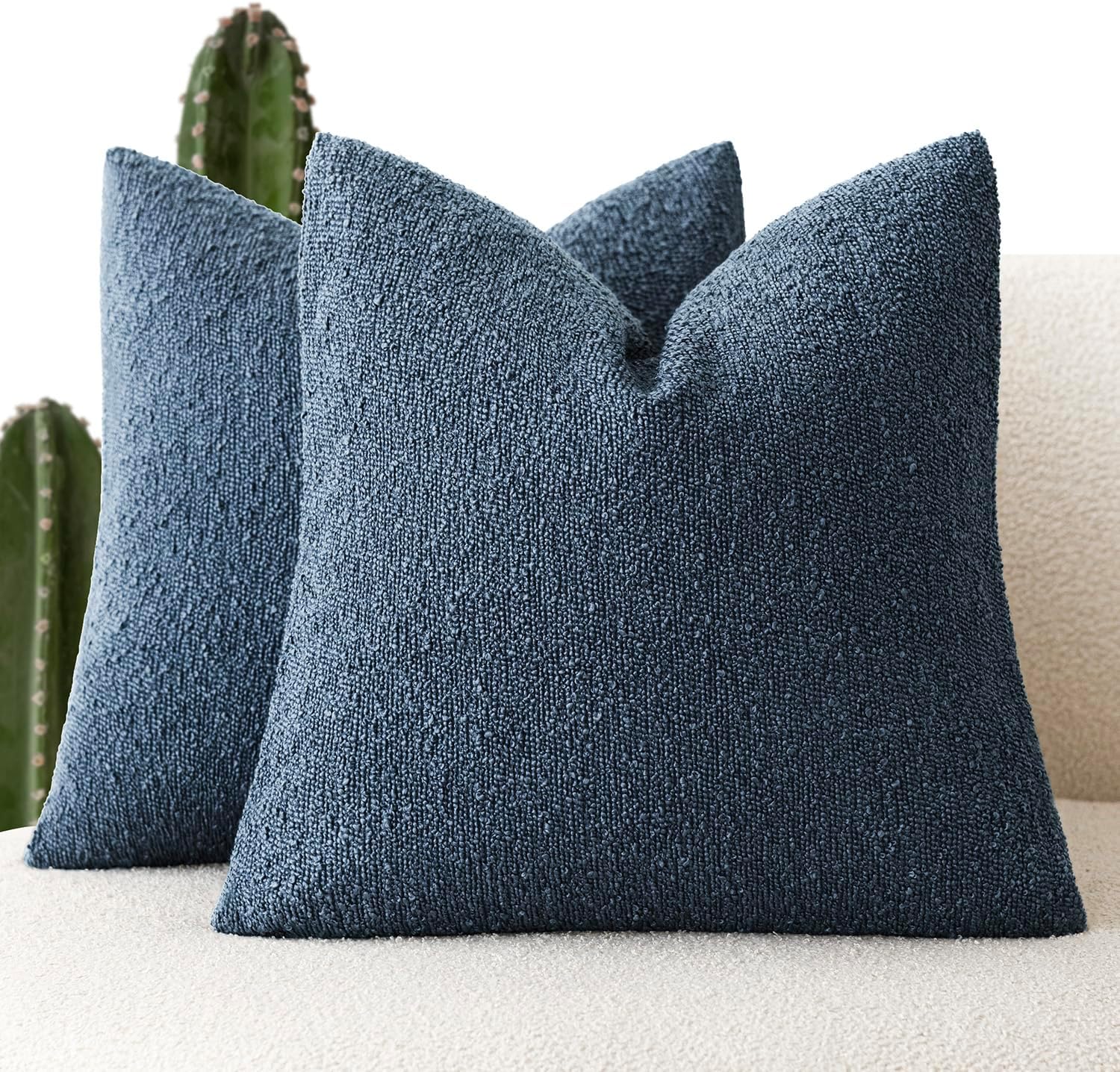 Foindtower Set of 2, Decorative Textured Boucle Throw Pillow Covers Accent Solid Pillow Cases Neutral Couch Cushion Case for Chair Sofa Bedroom Living Room Home Decor 16x16 Inch Dark Blue