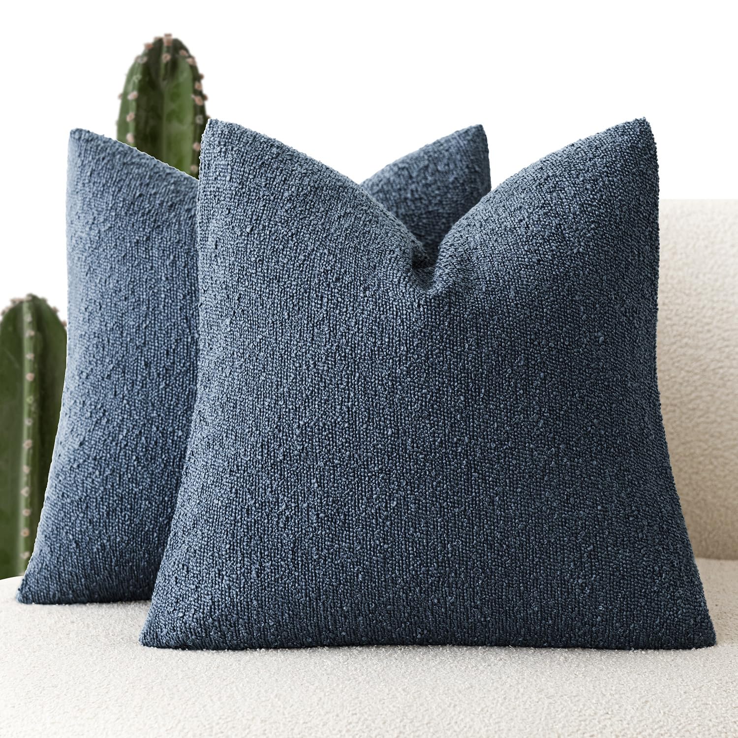 Foindtower Set of 2, Decorative Textured Boucle Throw Pillow Covers Accent Solid Pillow Cases Neutral Couch Cushion Case for Chair Sofa Bedroom Living Room Home Decor 16x16 Inch Dark Blue