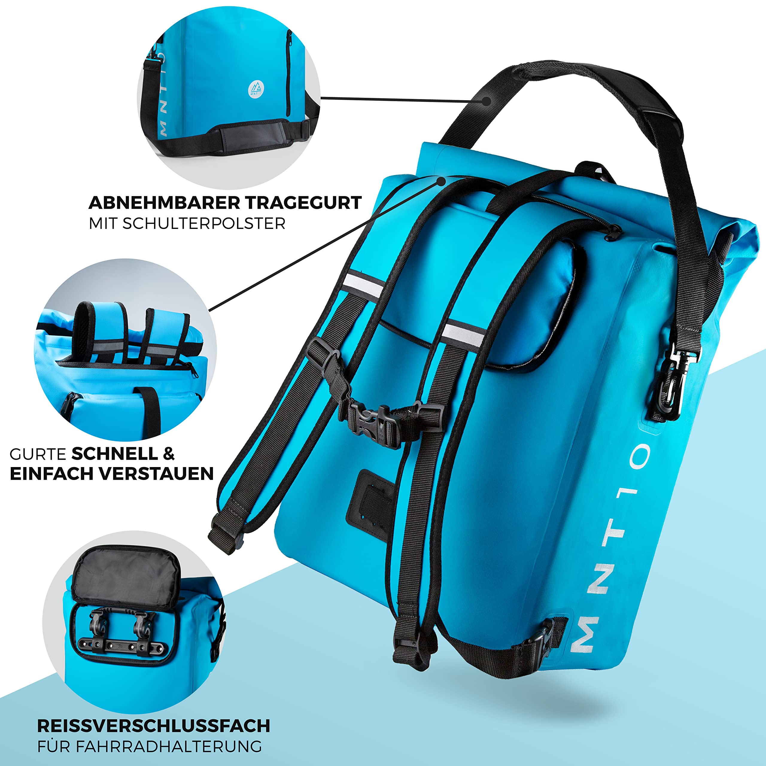 MNT10 4-in-1 Fietsrugzak voor Bagagedrager in 18L, 25L I Bagagedrager Tas voor Fiets, Rugzak, Droge Tas & Schoudertas in 1 I Waterdicht & Reflecterend I Combinatie Fietsrugzak Sports & Outdoors