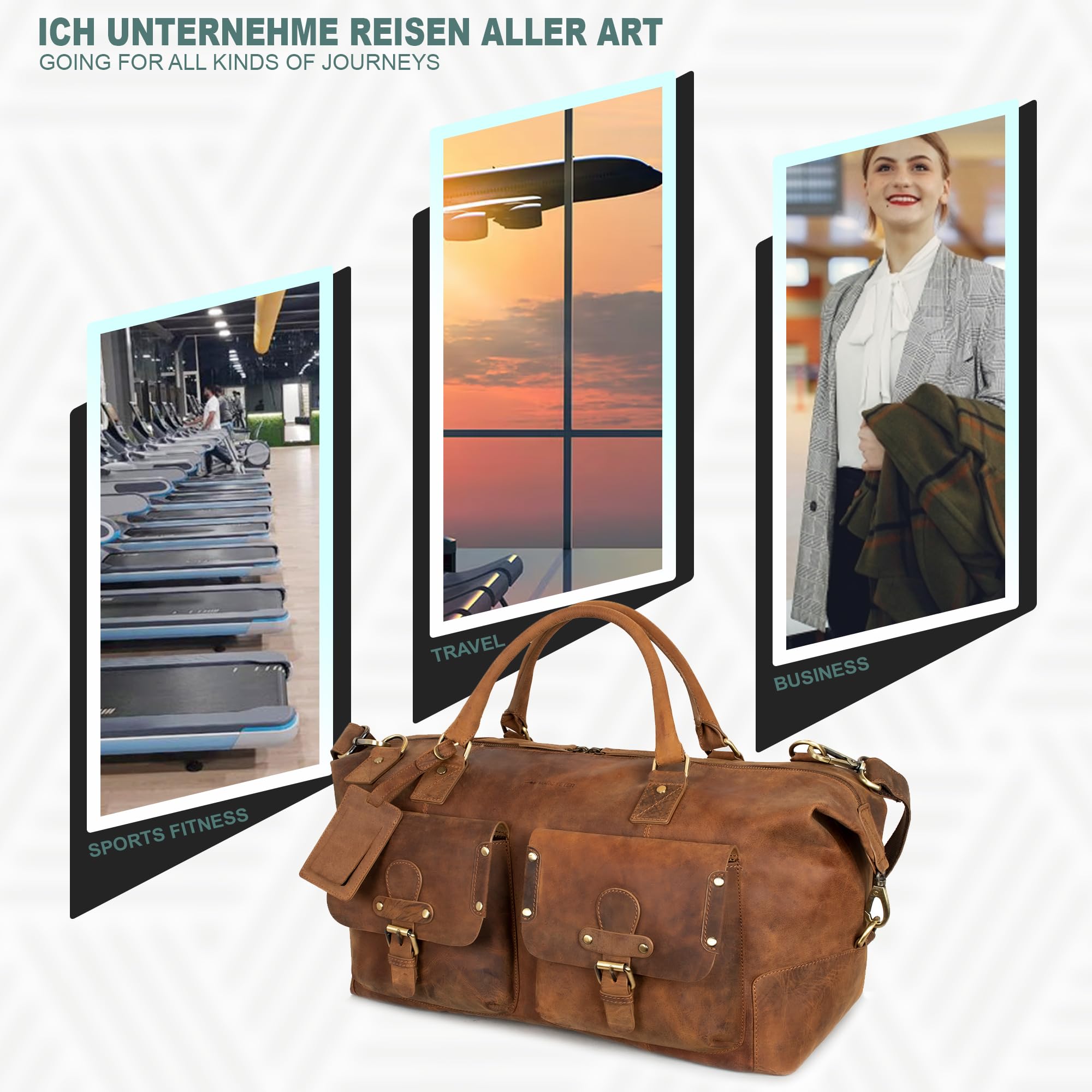 Marc Peter® Keneddy Reisetasche | Herren Vintage Bräune Leder Weekender zum Umhängen Overnight Duffle Bag | Echtes Buffleder Großes XL Reisegepäck Tasche fur Herren und Damen
