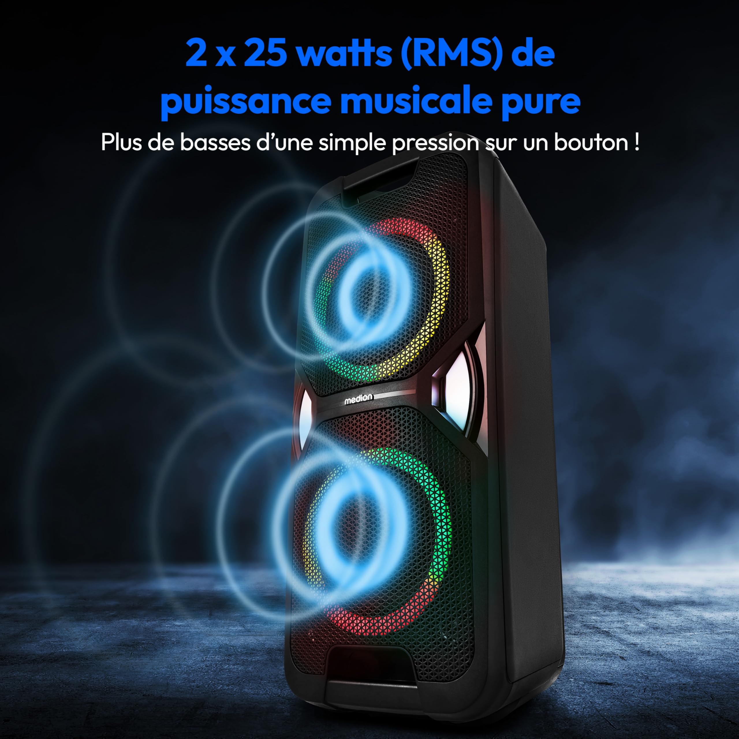 MEDION PE-1 Pure Enceinte Portable de soirée (Enceinte Bluetooth, Partybox avec Batterie, Enceinte avec Micro, Karaoke Adulte, Jeu de lumières, 26 Heures d'autonomie, AUX, USB, Radio, MD 400000)