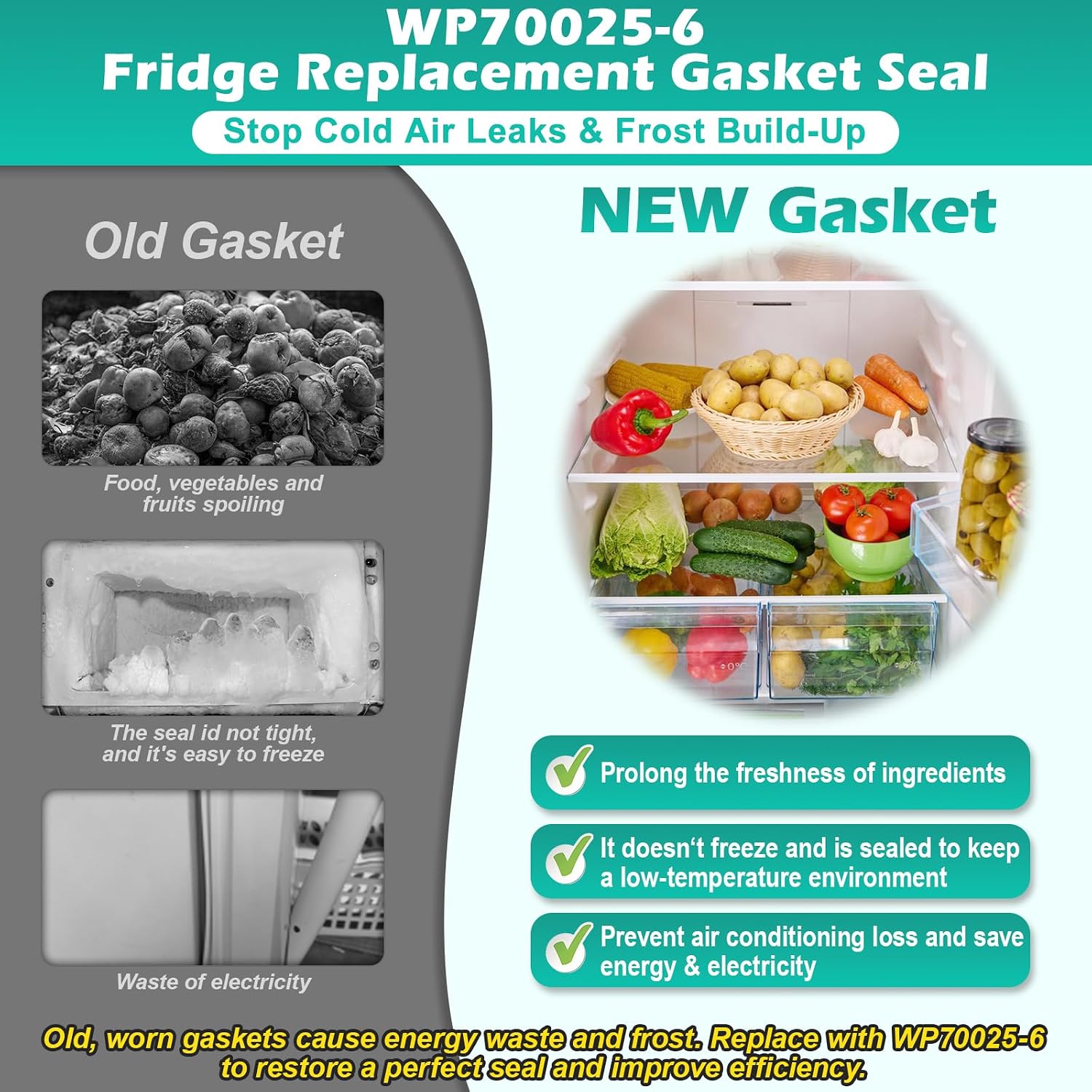 Upgraded WP70025-6 Refrigerator Door Gasket Replacement for Whirlpool Refrigerator Door Seal for Maytag Ad-miral & Magic-Chef Fridge Door Gasket Replacement 70020-6 70025-6 Fridge Door Seal