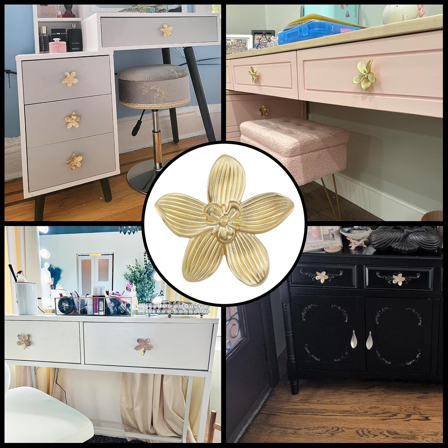 HEVSTIL Gold Flower Cabinet Knobs – 6 Pack Zinc Alloy Floral Drawer Pulls – 1.57” Vintage Floral Hardware – for Girls Bedroom, Dresser, Vanity, Kitchen – Antique Gold Finish