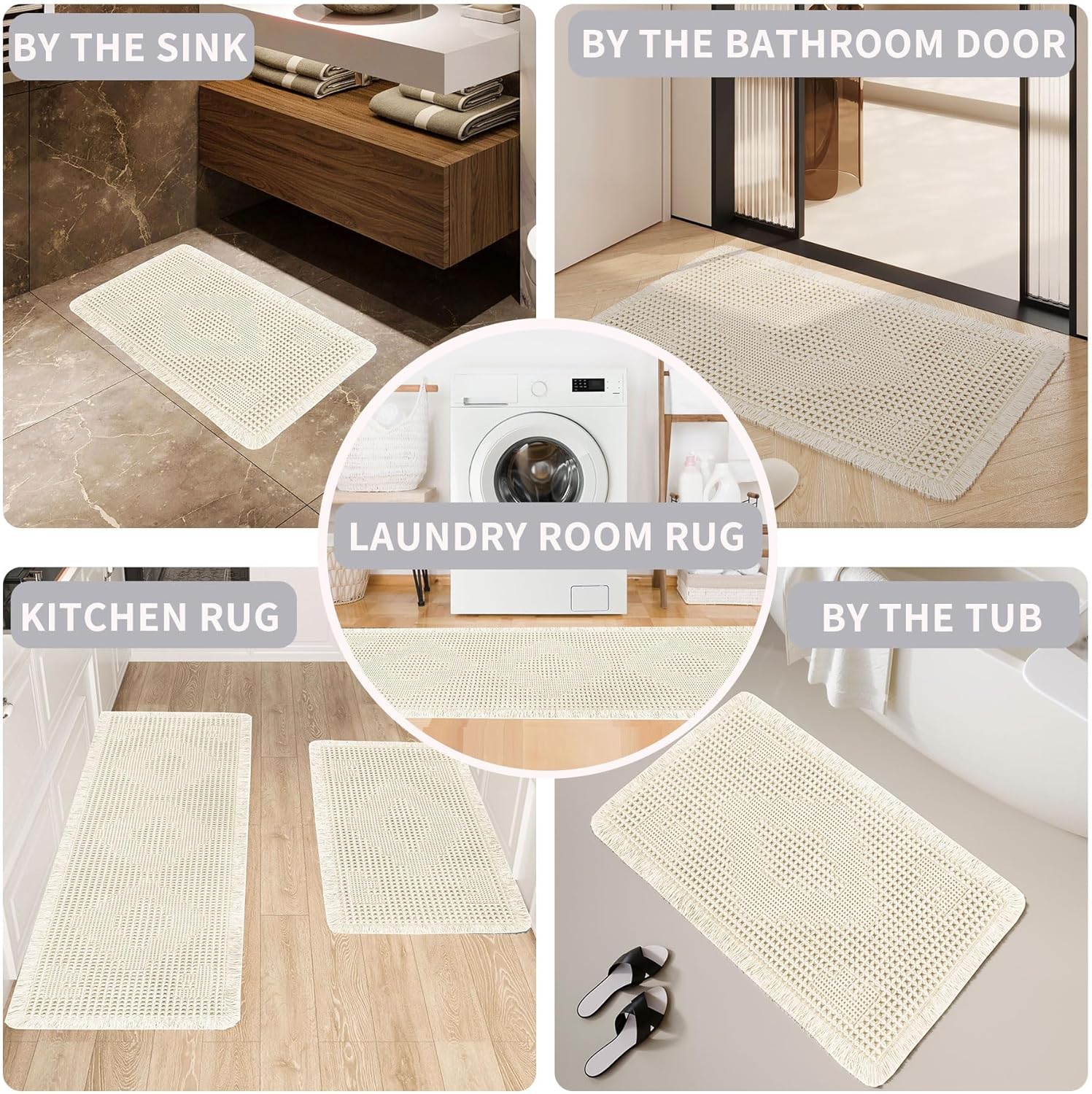 LUFEIJIASHI Non Slip Bath Mats for Bathroom Soft Absorbent Boho Bathroom Rugs with Tassels Waffle Bath Mat Machine Washable Ivory White, 1'6" x 5'9"
