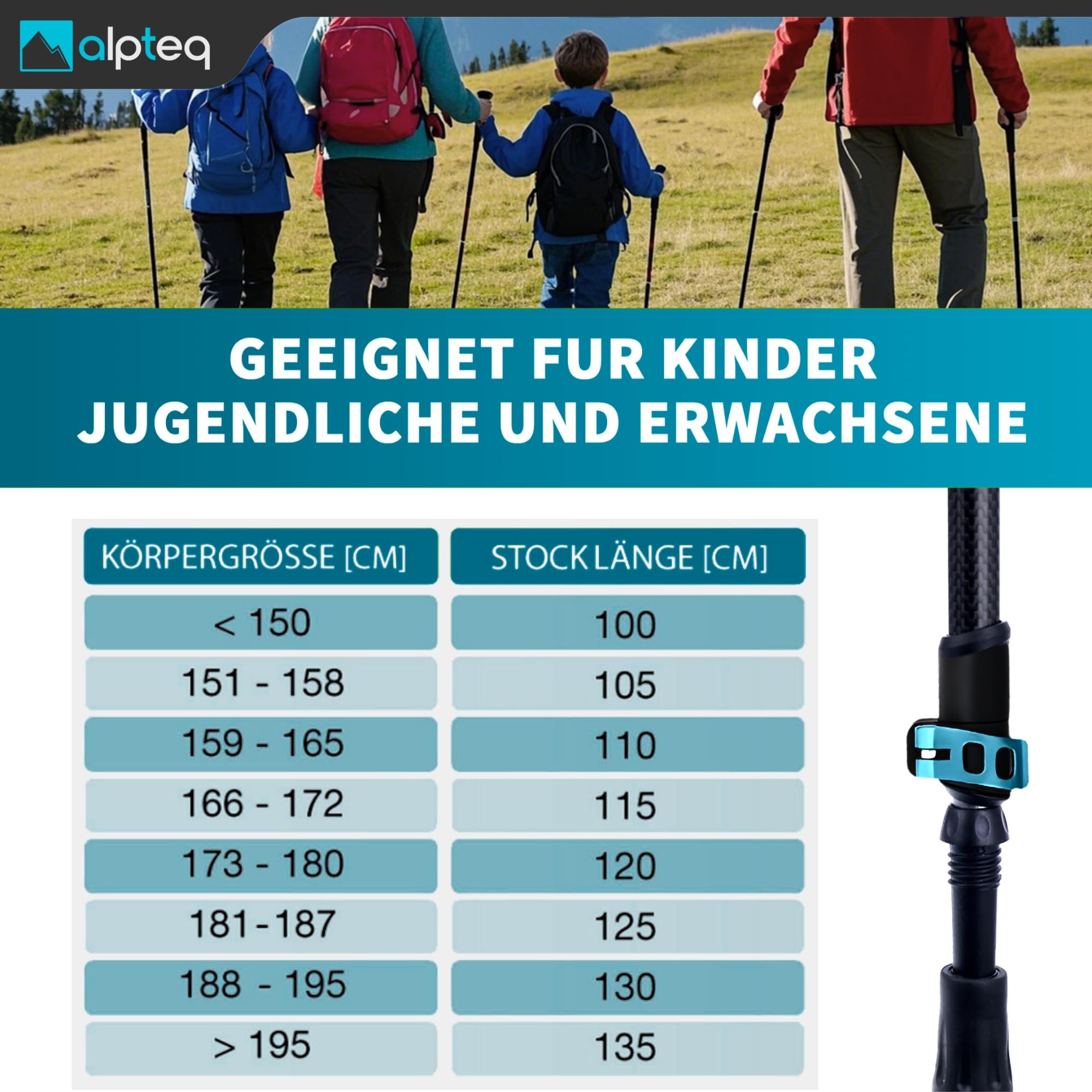 Bâtons de randonnée télescopiques en Carbone - Bâtons de Trekking Ultra légers en Fibre de Carbone et Aluminium pour Femmes, Hommes et Enfants - Réglable de 65 à 135 cm - Bâtons de Marche
