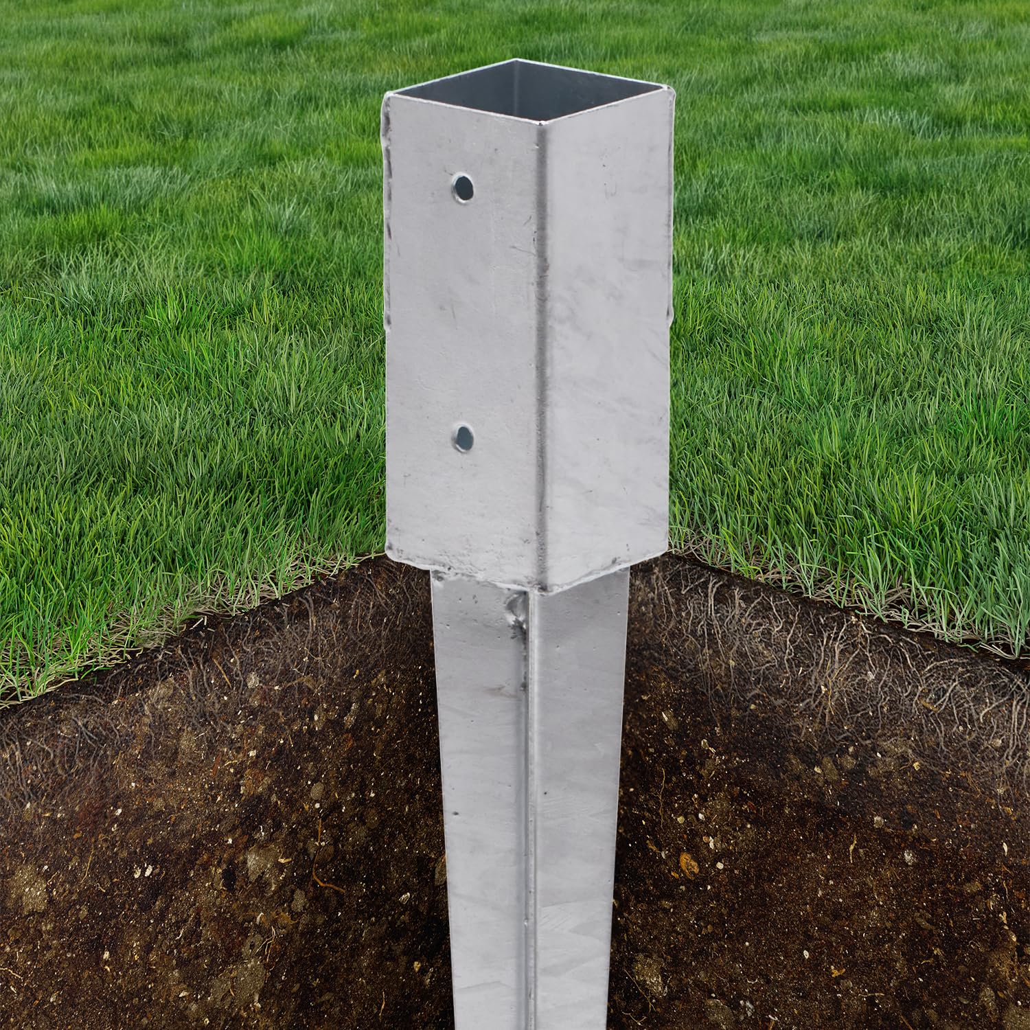 TRIBECCO Juego de 6 casquillos para suelo de impacto 61 x 61 x 650 mm, galvanizados en caliente, soporte para postes de madera cuadrada, anclaje para vallas y postes de puertas (6, 61 x 61/650)