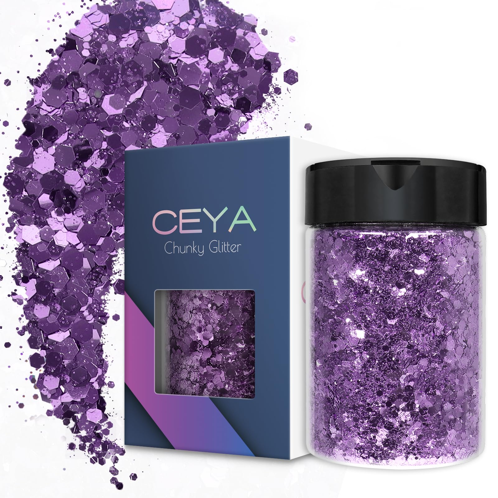 Ceya Chunky Glitter, 4.9oz/ 140g African Violet Craft Glitter Powder Mixed Fine Flakes Iridescent Nail Sequins for Nail Art, Hair, Epoxy Resin, Tumblers, Slime, Painting, Festival Decor