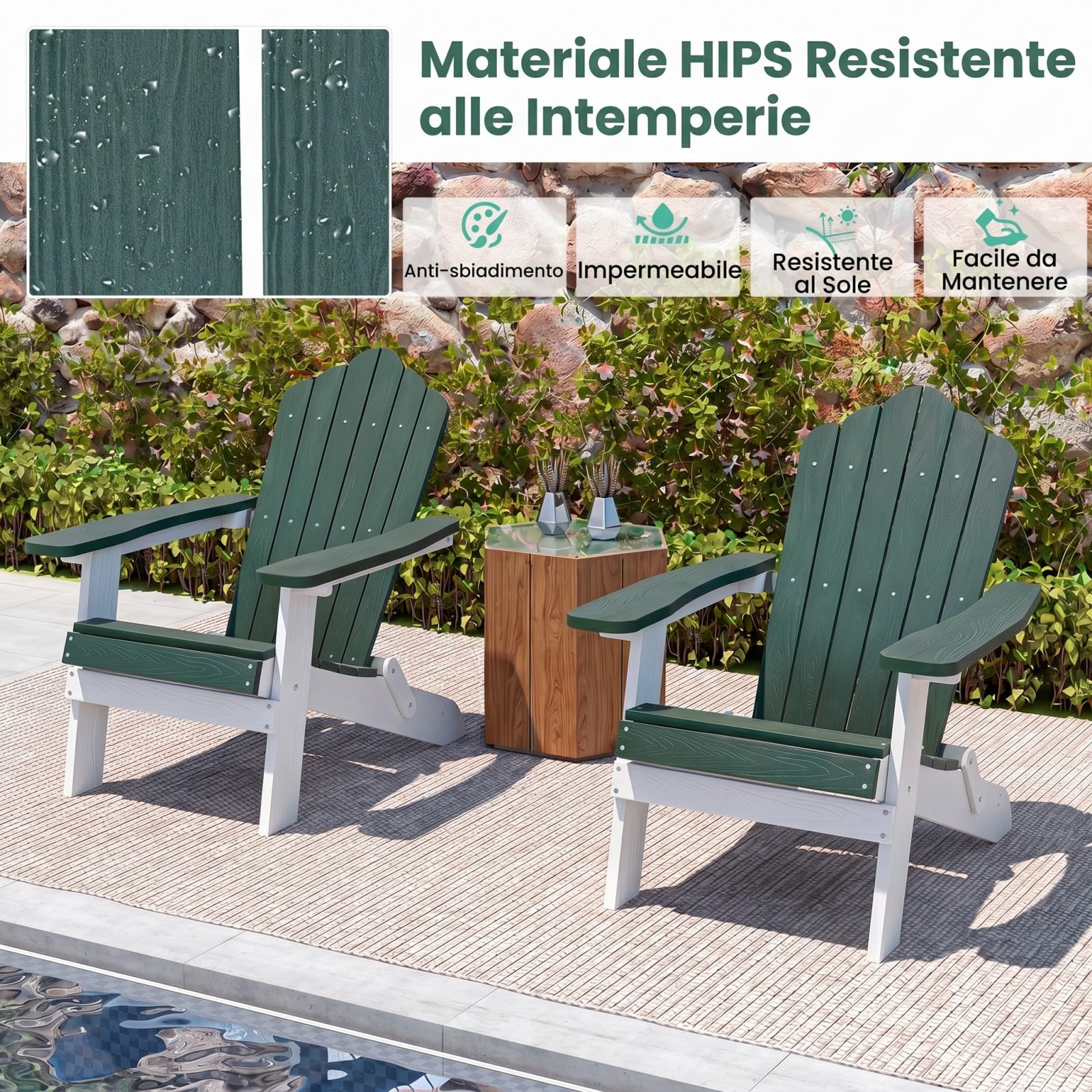 COSTWAY Sedia Adirondack Pieghevole da Giardino, Sedia da Patio in HIPS con Braccioli Larghi e Schienale Inclinato, Poltrona in Legno, per Giardino Cortile, Portata 180 kg (1, Verde+Bianco)