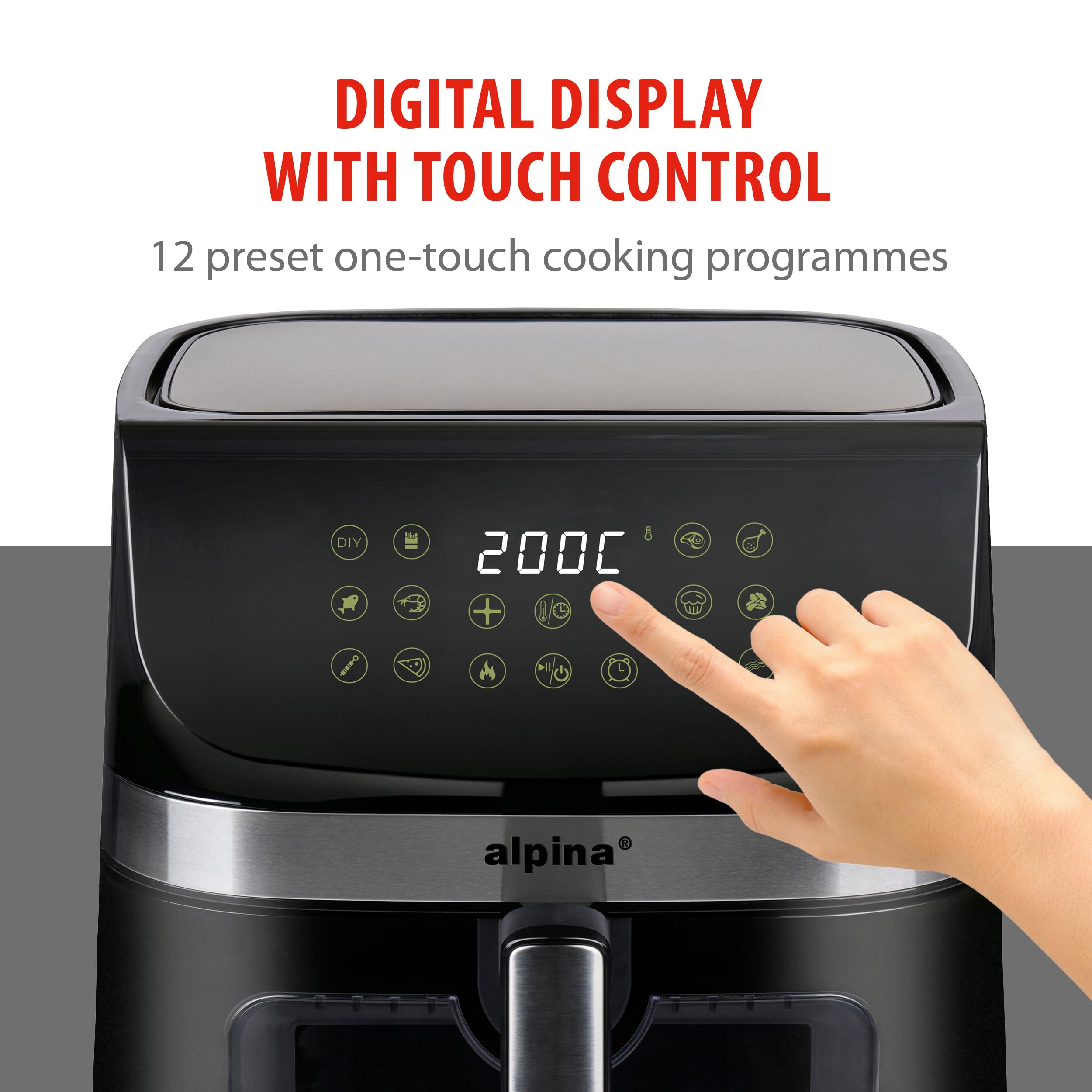 Alpina Airfryer XXL - frytkownica na gorące powietrze 9 l, frytkownica powietrzna z cyfrowym wyświetlaczem, frytkownica na gorące powietrze z timerem i temperaturą od 60 do 200°C, z 8 programami