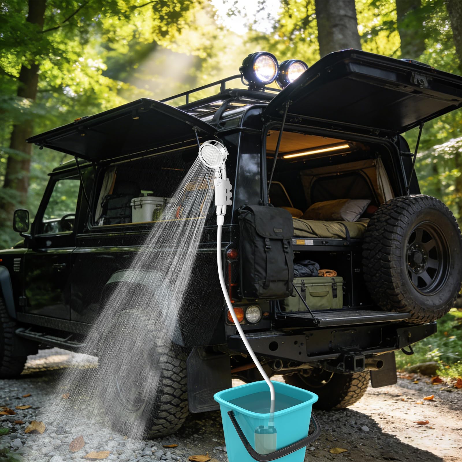 Ducha de Camping portátil con batería y Bomba, Pantalla inteligente bomba de agua autocebante ajustable de dos niveles con manguera de ducha y accesorios, 6000 mAh, valor Wh 22.2.