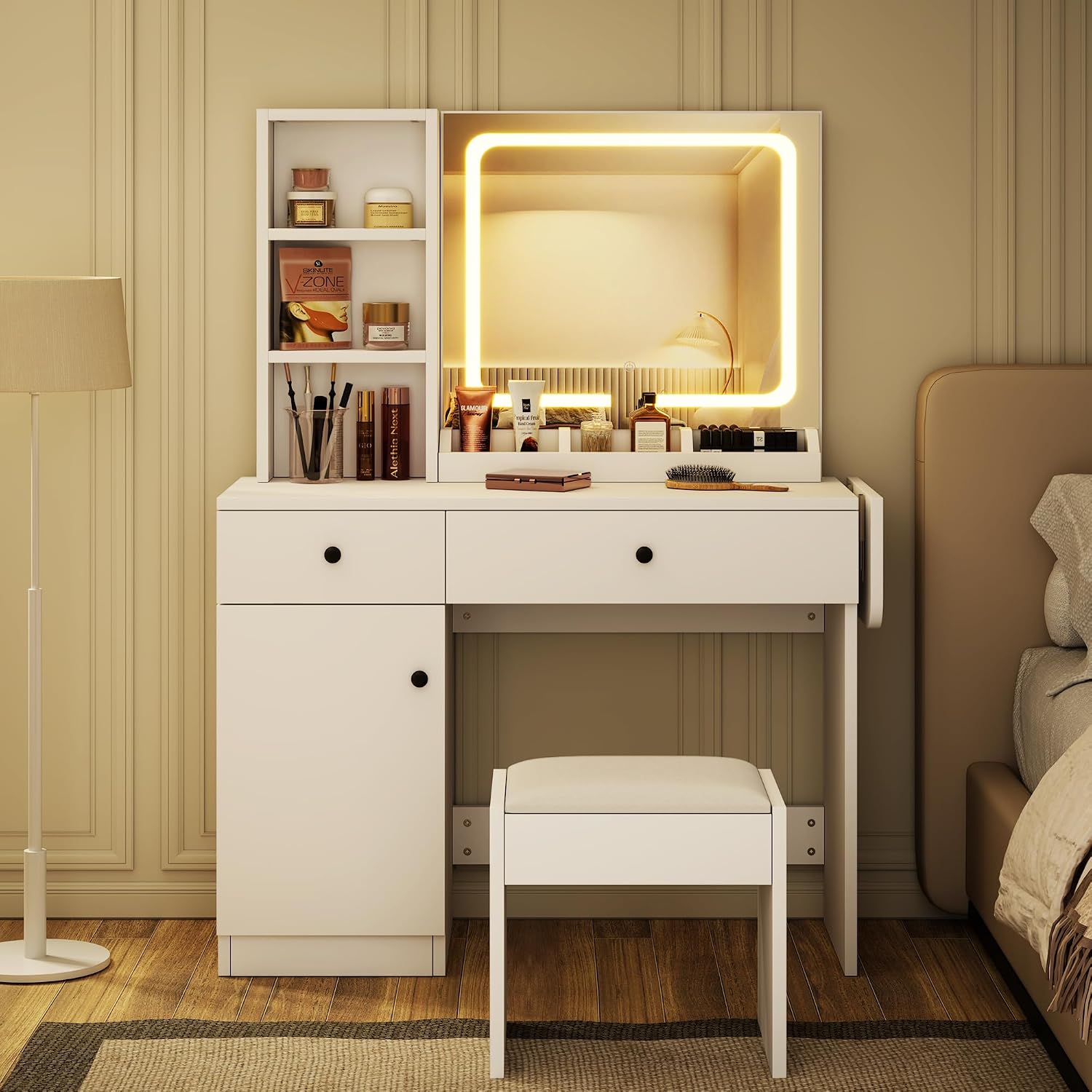 GAOMON Makeup Vanity Desk with Mirror and Lights, Vanity Desk Set with Outlet & Drawers & Open Shelf & Storage Cabinet, Vanity Table Set for Bedroom, White