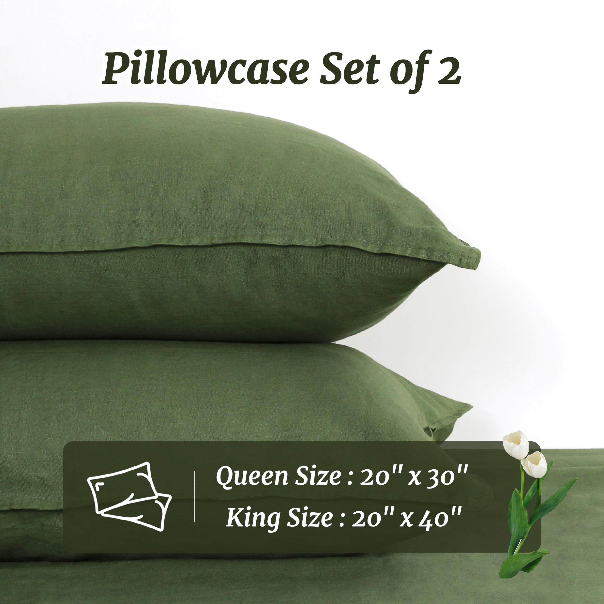 Set di 2 federe in 100% lino francese, dimensioni queen size (50 x 80 cm), tinta unita lavata con pietra, morbida e traspirante (verde oliva, regina)