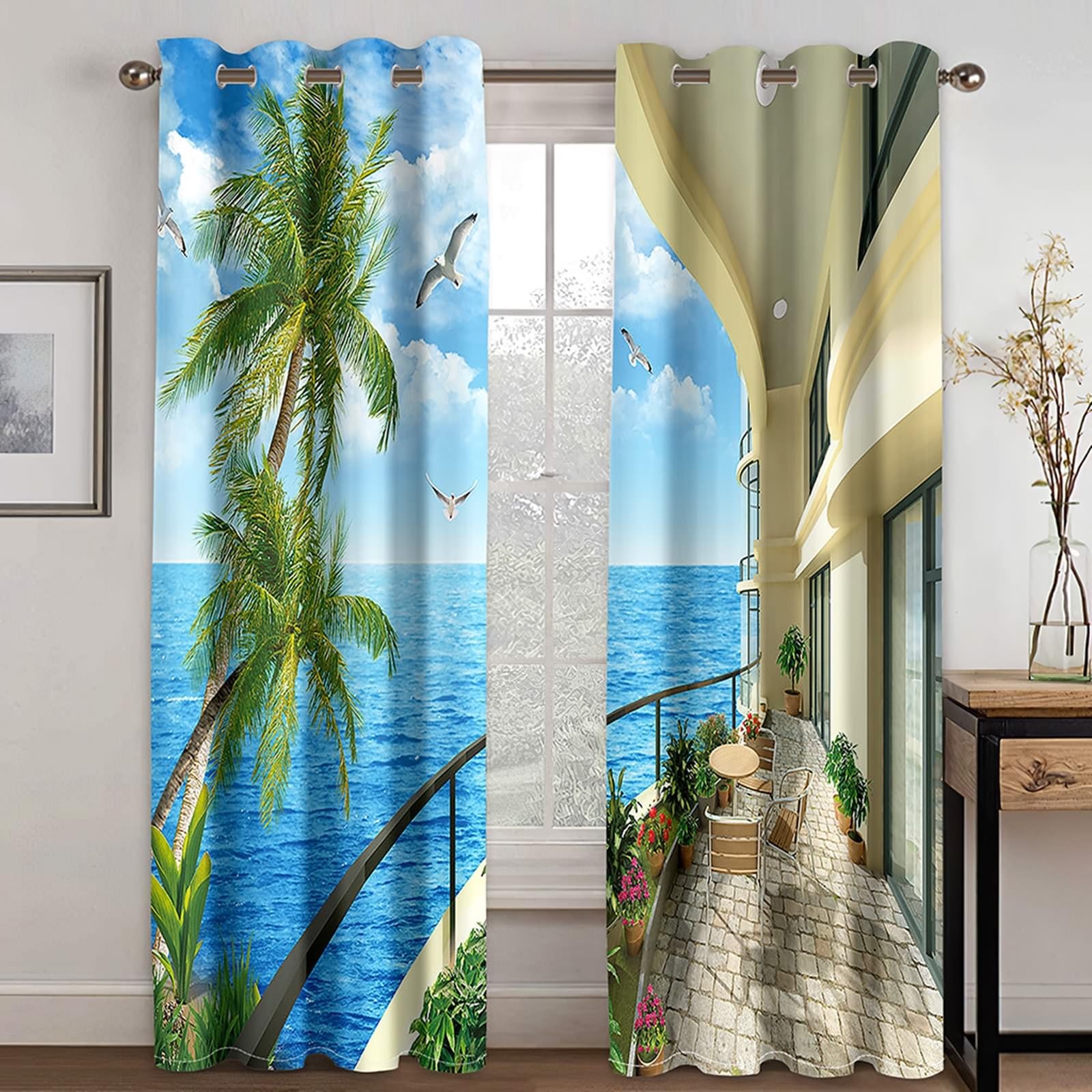 Gualiy Abdunkelnde Vorhänge, Vorhänge 214x244 Palmen und Vögel Meer Villa Landschaft Ösenvorhang Blickdicht 2er Set